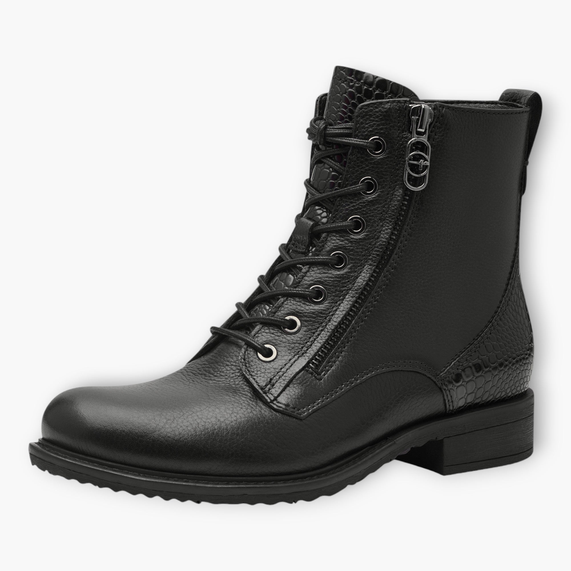 Tamaris Black Boots with Laces, Side Zip & Pull Tab - Sleek & Comfortable