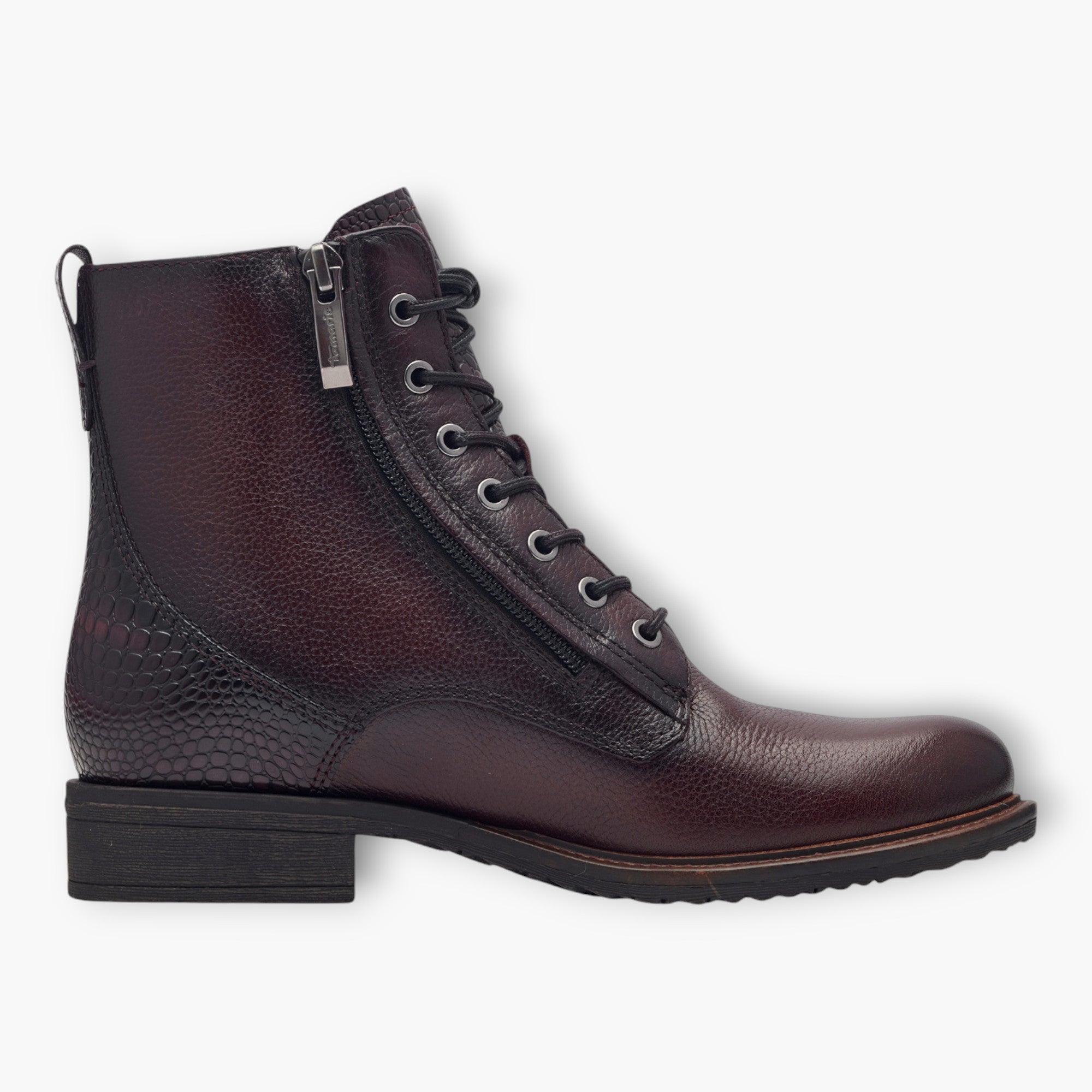 Tamaris Bordeaux Lace-Up Boots with Block Heel and Side Zip