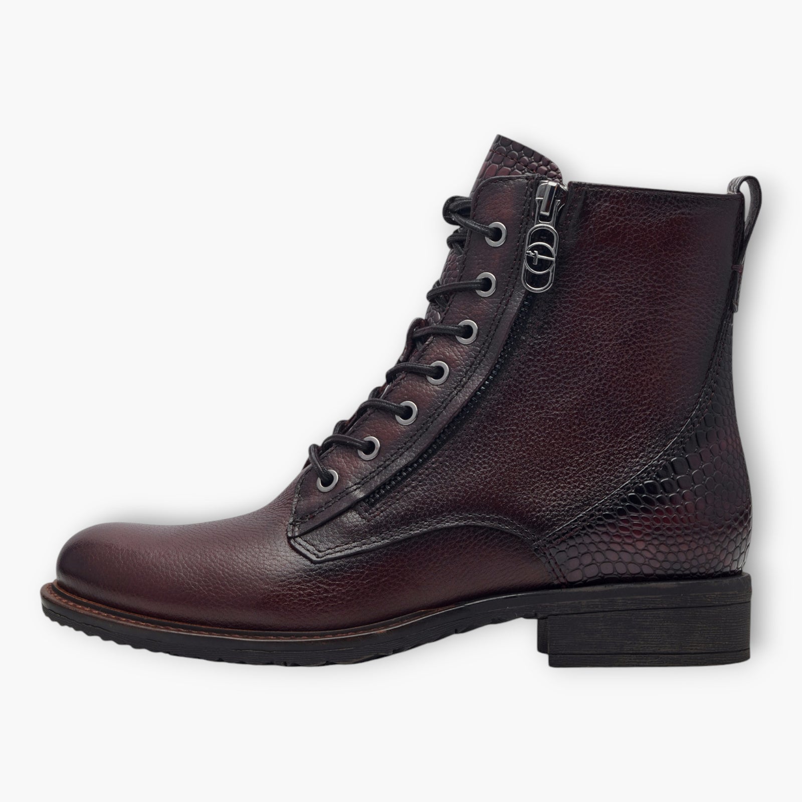 Tamaris Bordeaux Lace-Up Boots with Block Heel and Side Zip