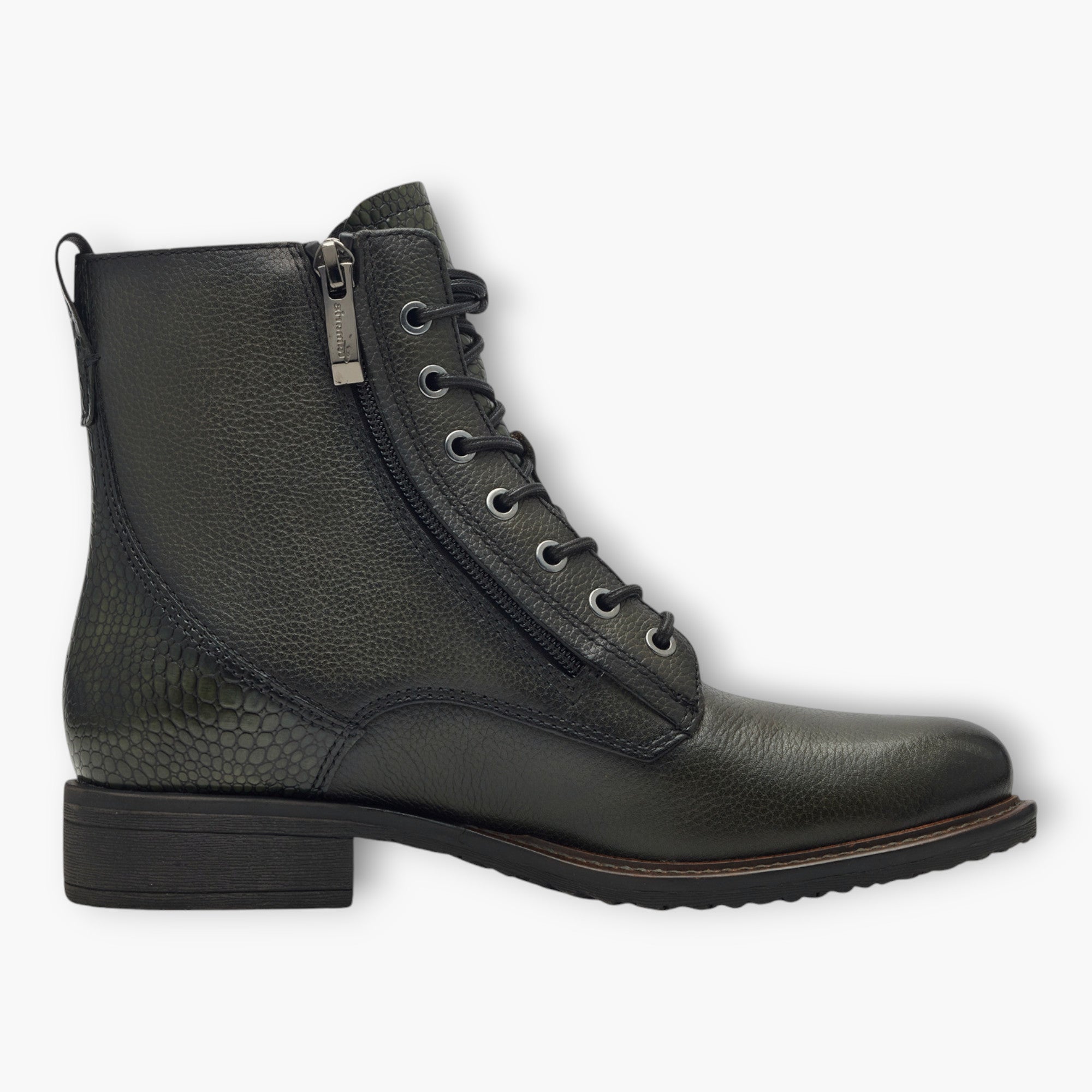 Tamaris Olive Lace-Up Boots with Side Zip and Block Heel