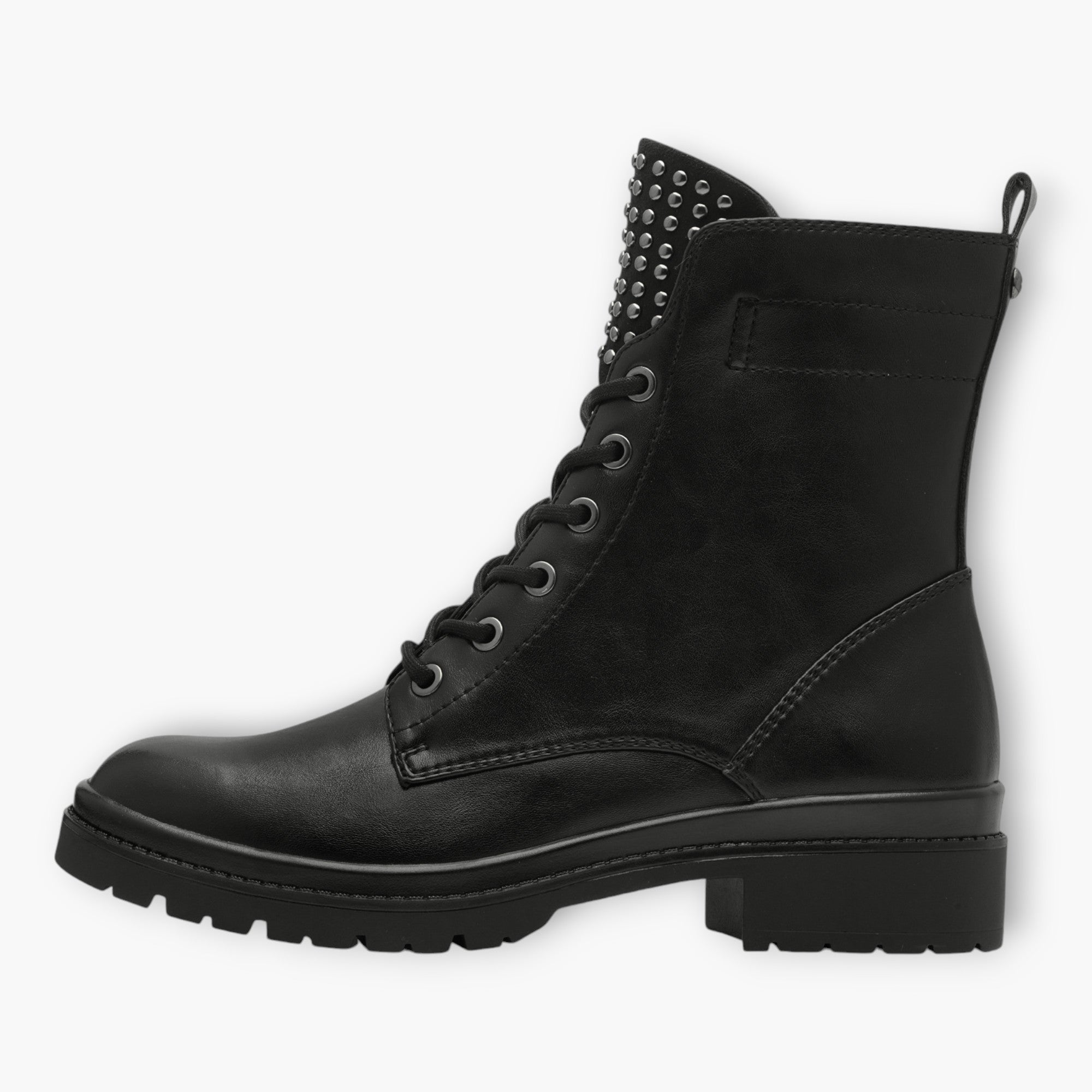 Tamaris Black Lace-Up Boots with Chunky Sole and Silver Stud Detailing - Leavys Shoes