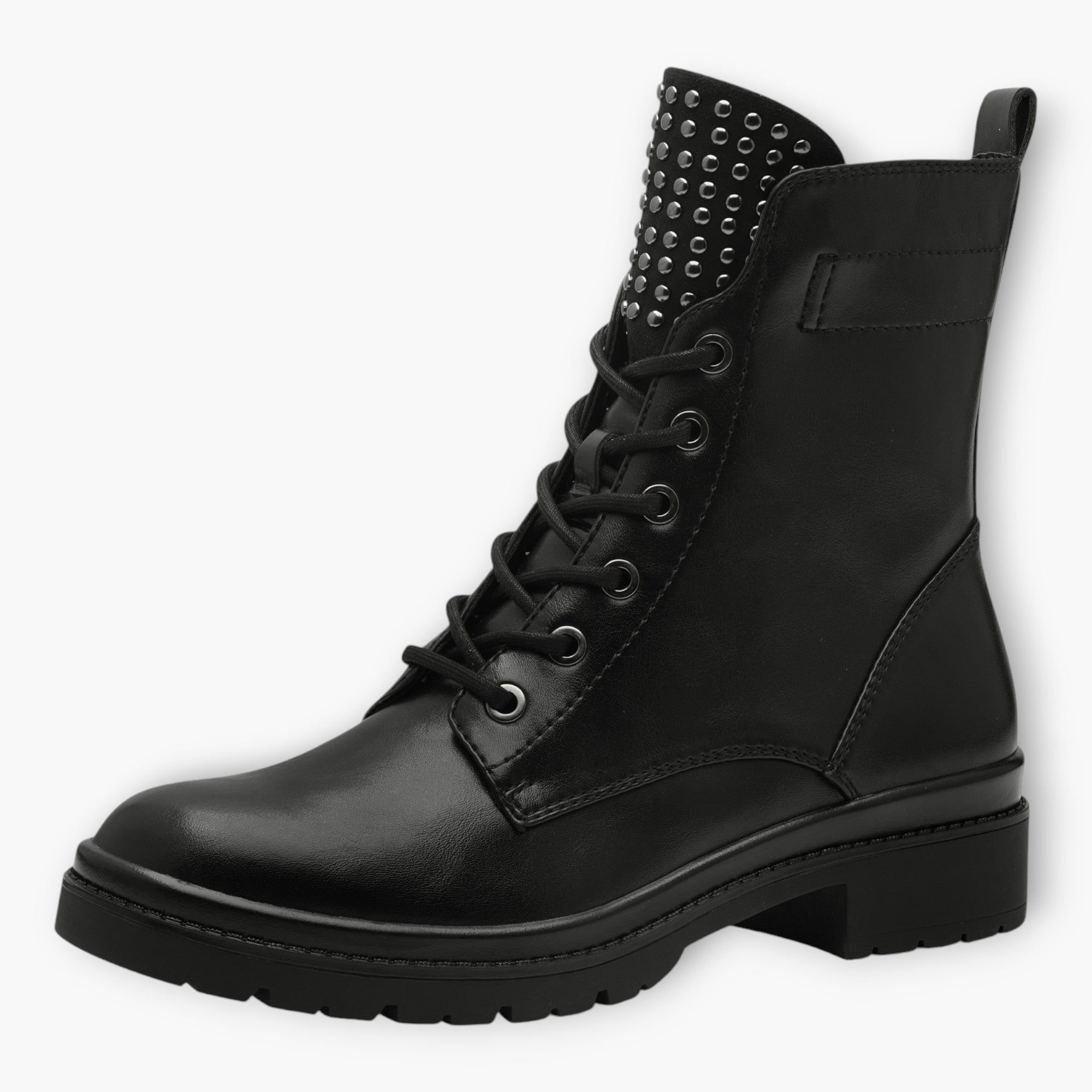 Tamaris Black Lace-Up Boots with Chunky Sole and Silver Stud Detailing - Leavys Shoes