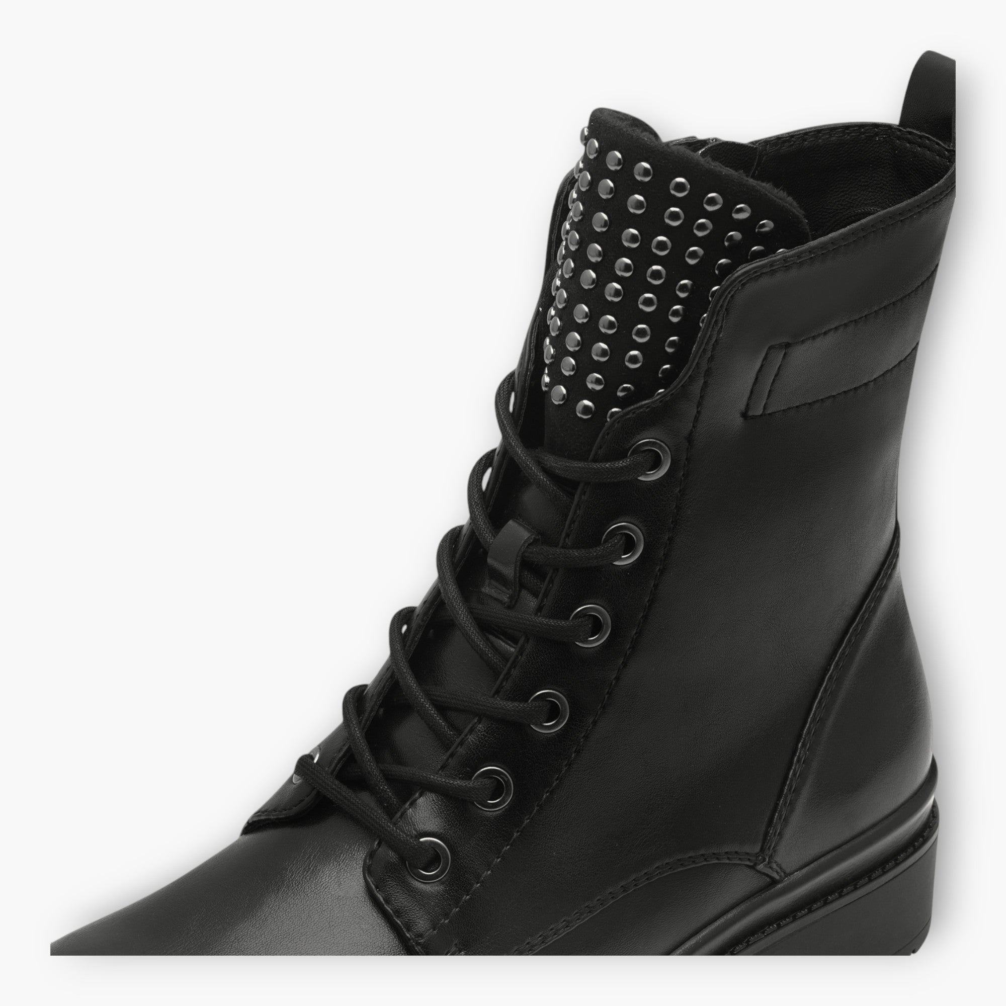 Tamaris Black Lace-Up Boots with Chunky Sole and Silver Stud Detailing - Leavys Shoes