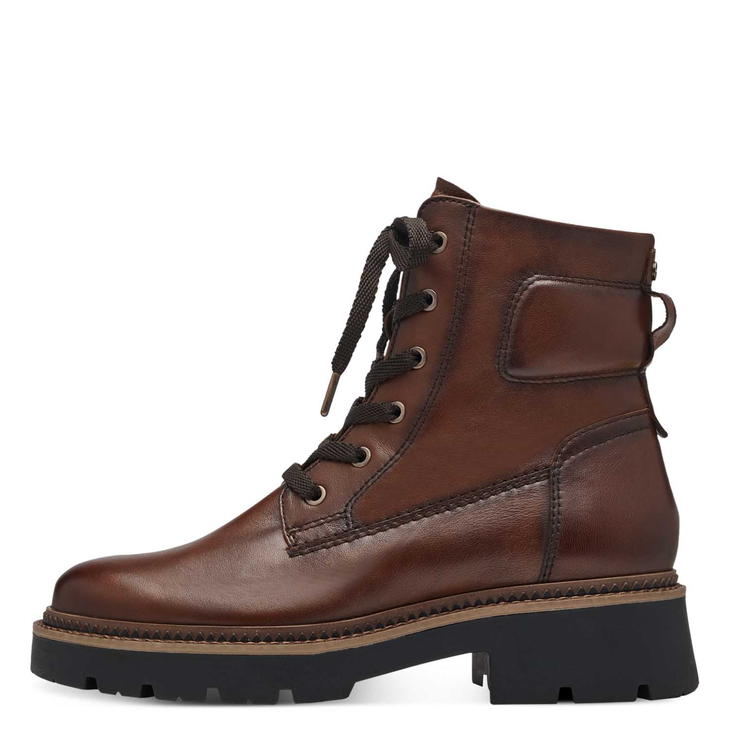 Front view of Tamaris leather brown lace up boot.