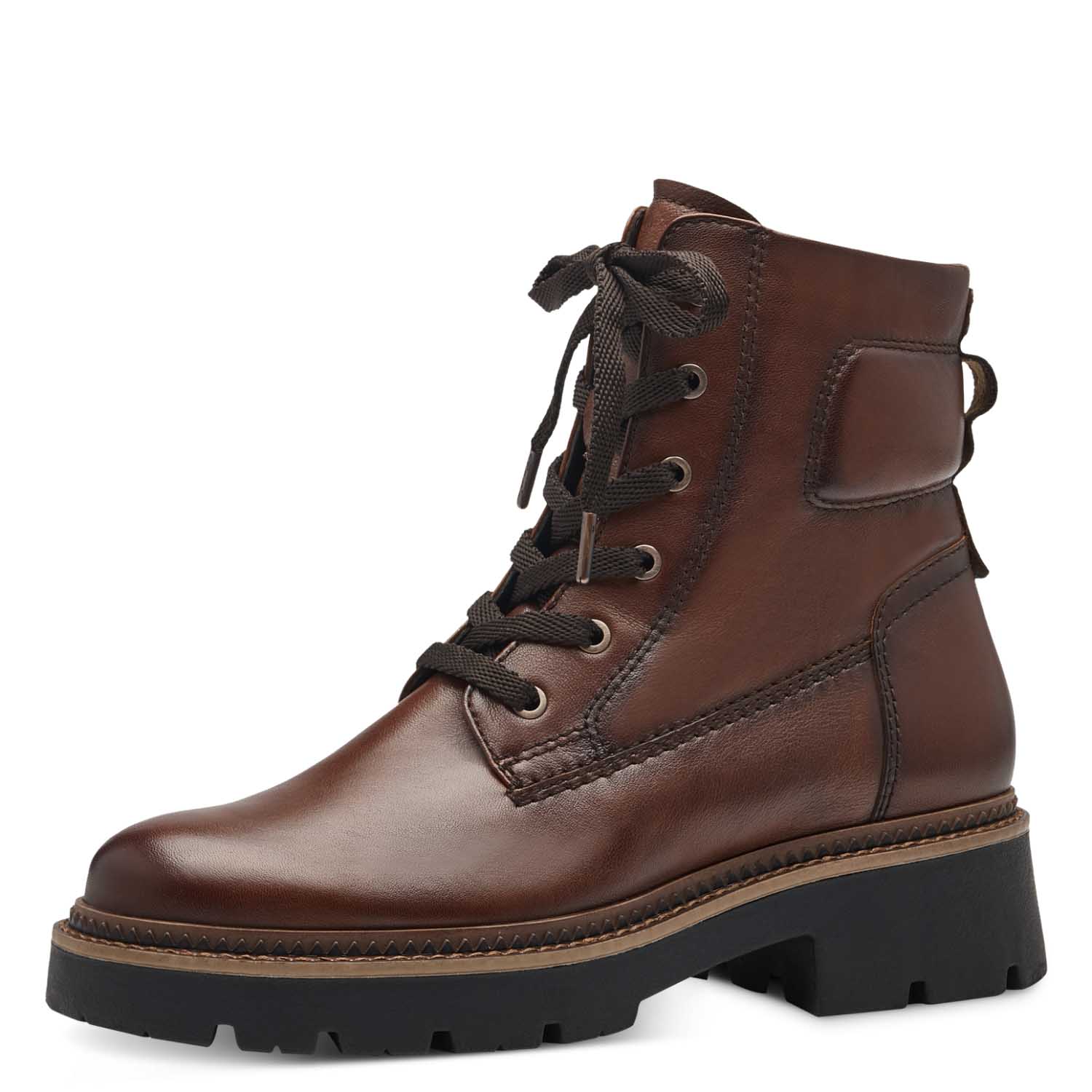 Angled shot of Tamaris leather brown lace up boot.