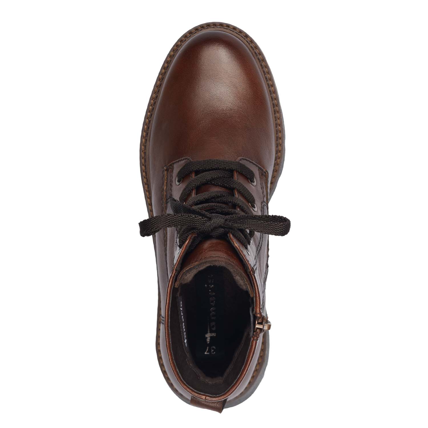 Top view of Tamaris leather brown lace up boot.