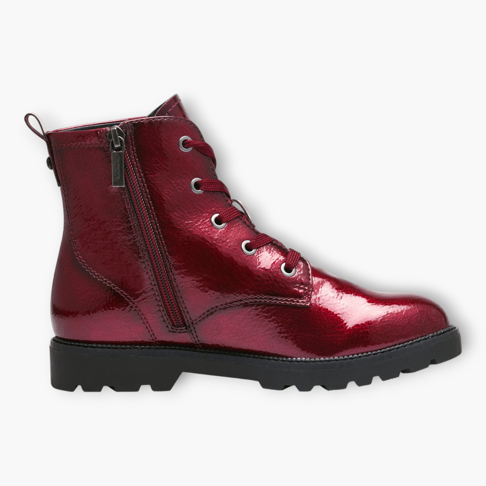 Tamaris Red Patent Lace-Up Ankle Boots with Chunky Sole