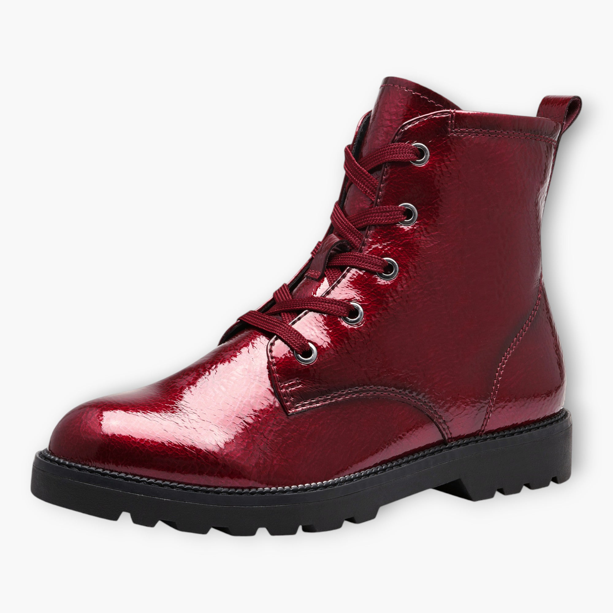 Tamaris Red Patent Lace-Up Ankle Boots with Chunky Sole