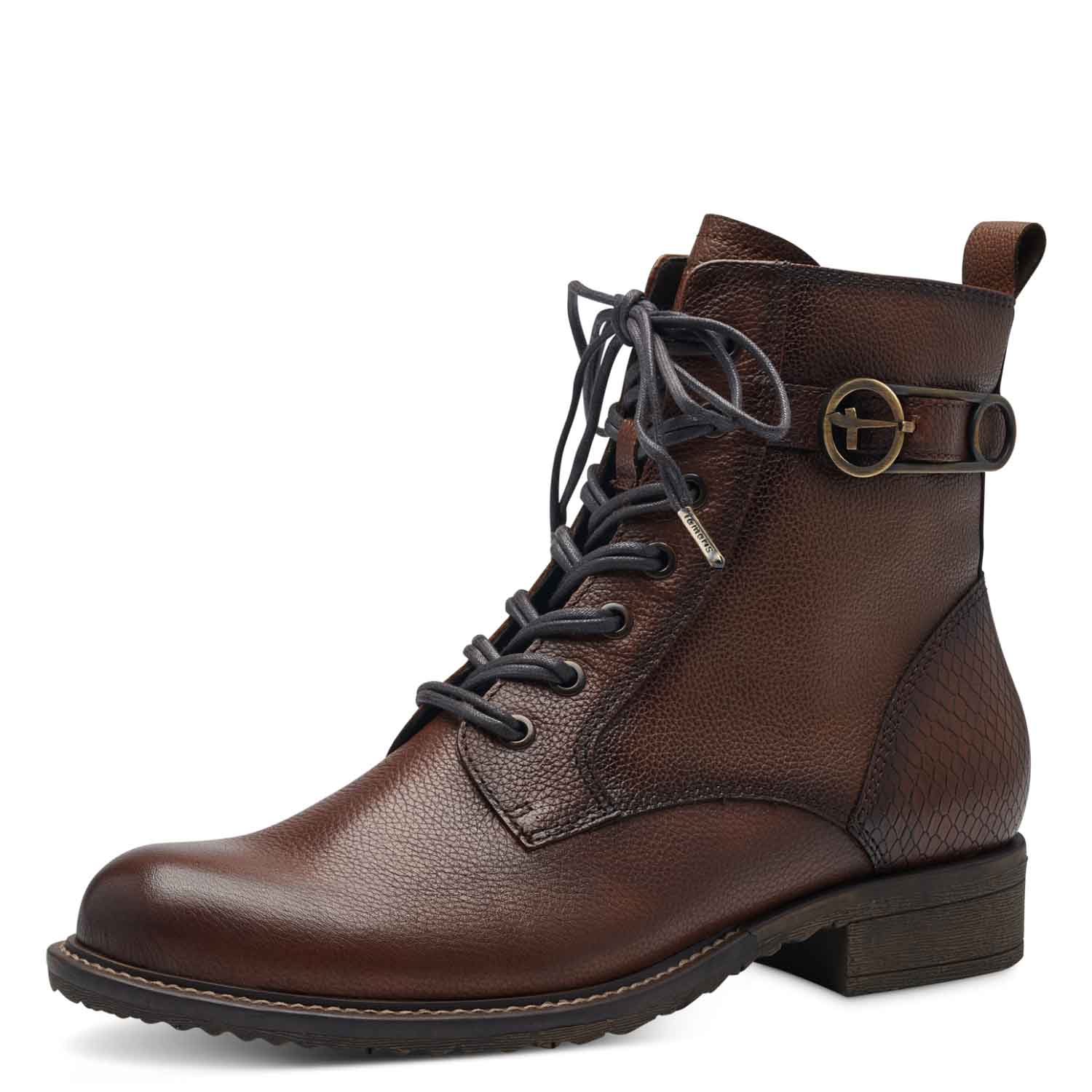 Angular view of the brown lace up boots, showcasing the textured heel design.