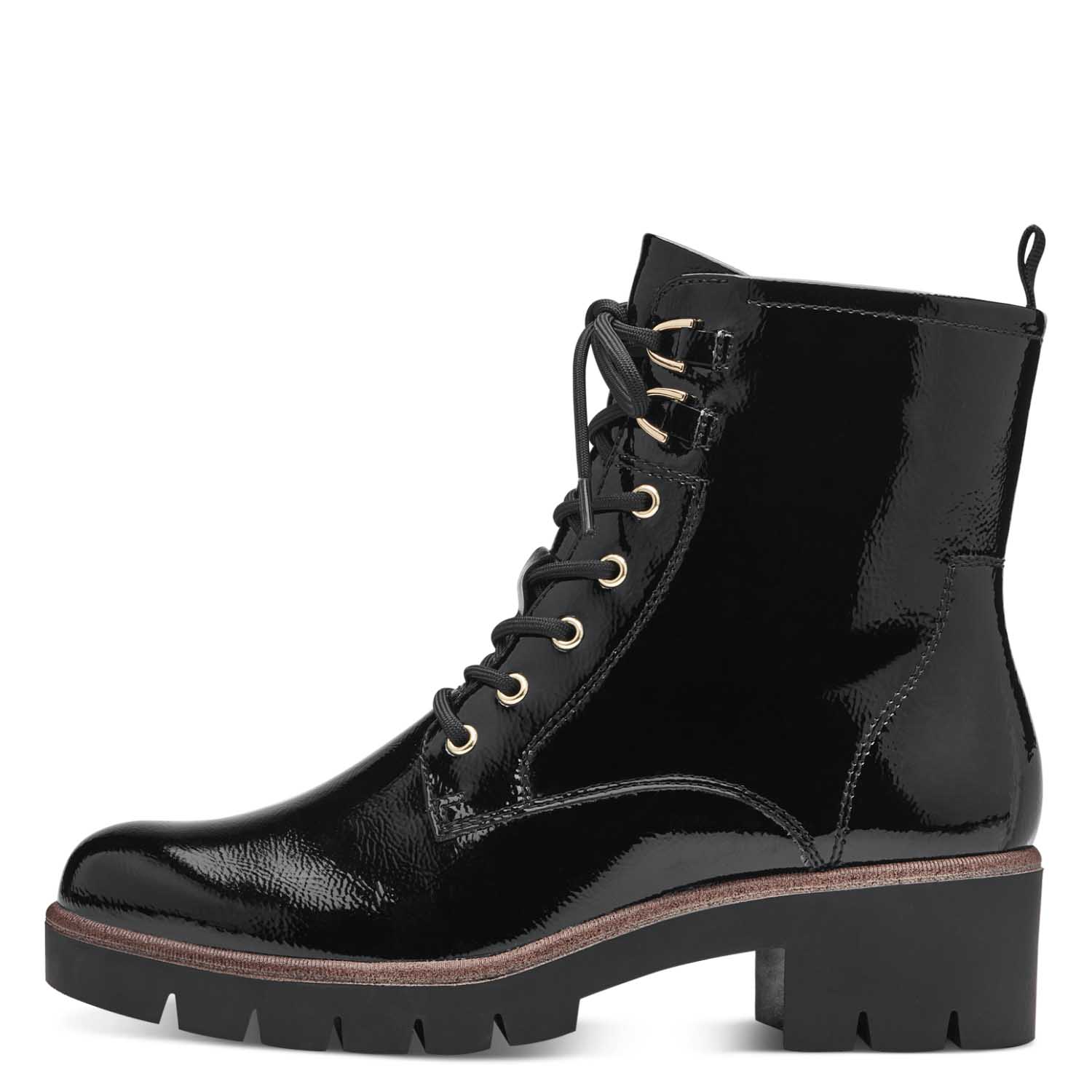 Front view of the black patent ankle boots.