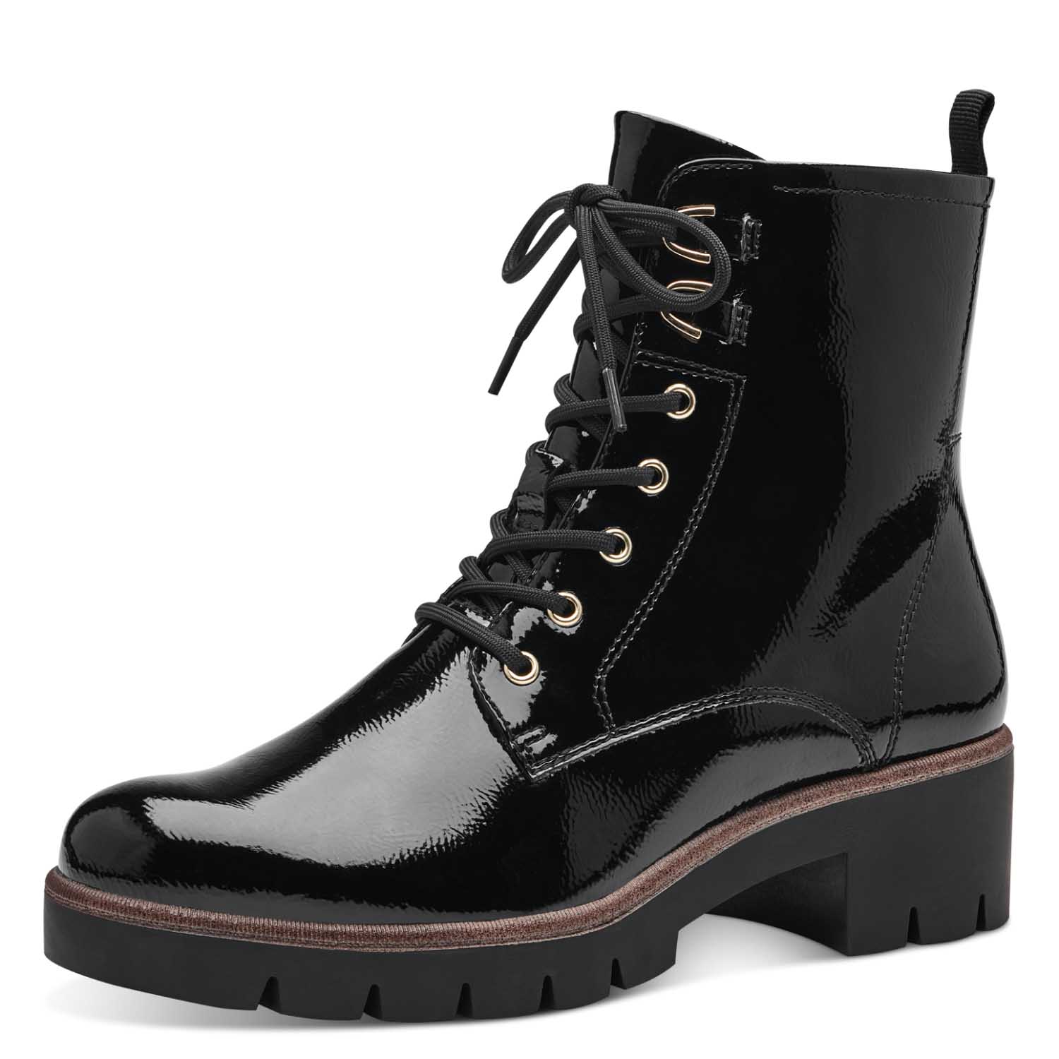 Angular view of the boots, highlighting the lace-up design and brown strip around the sole.