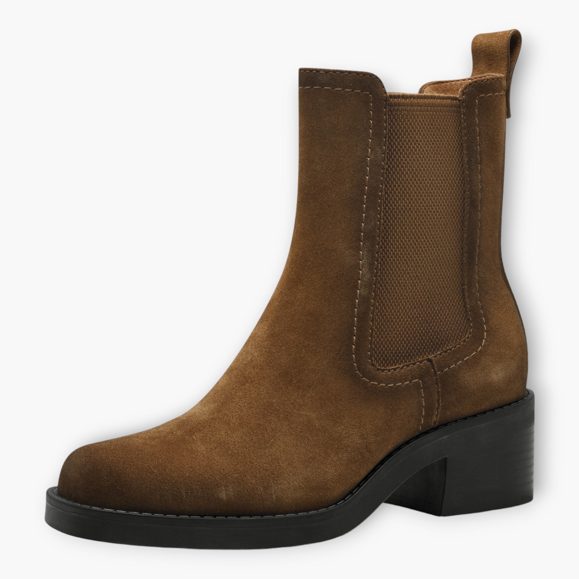 Tamaris Brown Nubuck Leather Ankle Boots with Block Heel and Elastic Panels