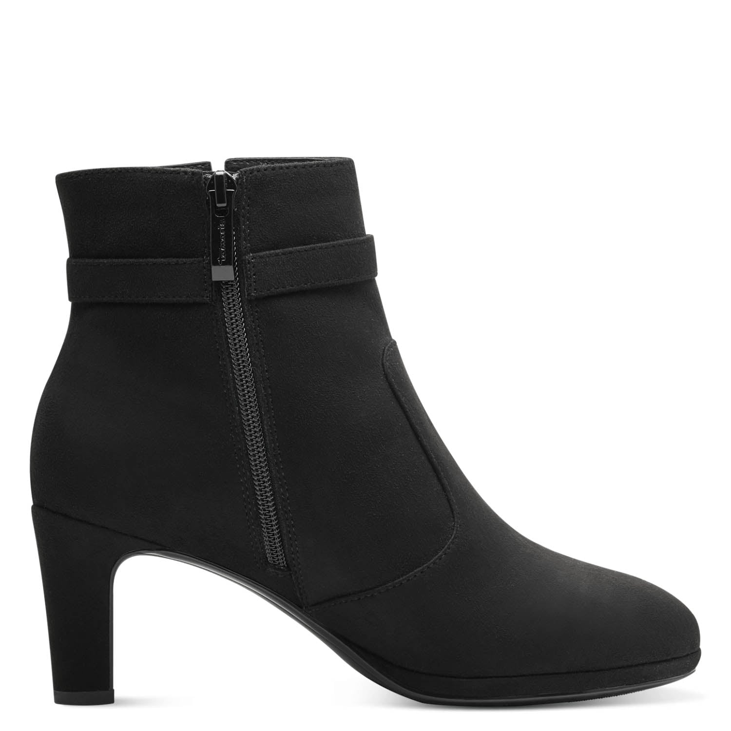 Side view displaying the interior and zipper of the Tamaris Black Dressy Ankle Boot.