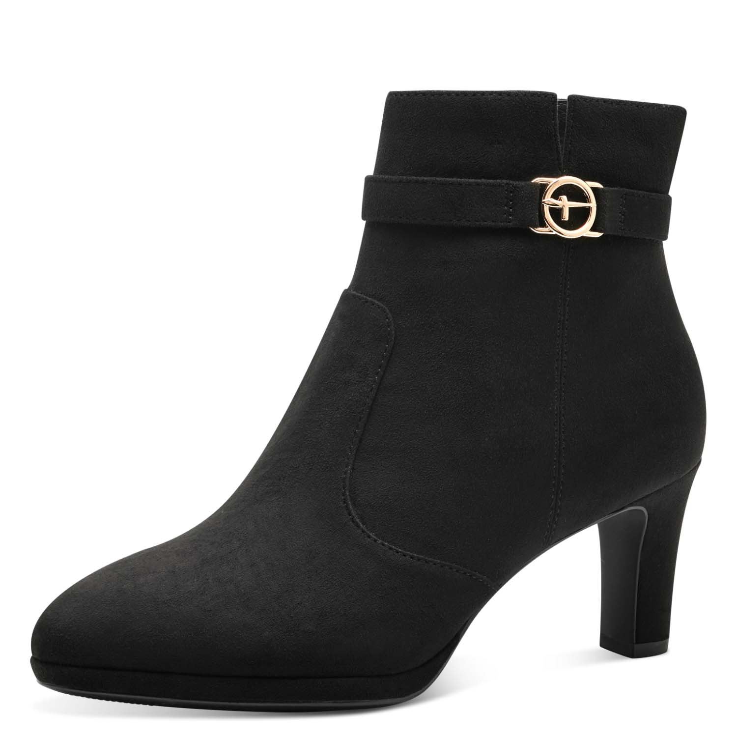 Angle view highlighting the thicker heel and imitation suede material of Tamaris Black Dressy Ankle Boot.
