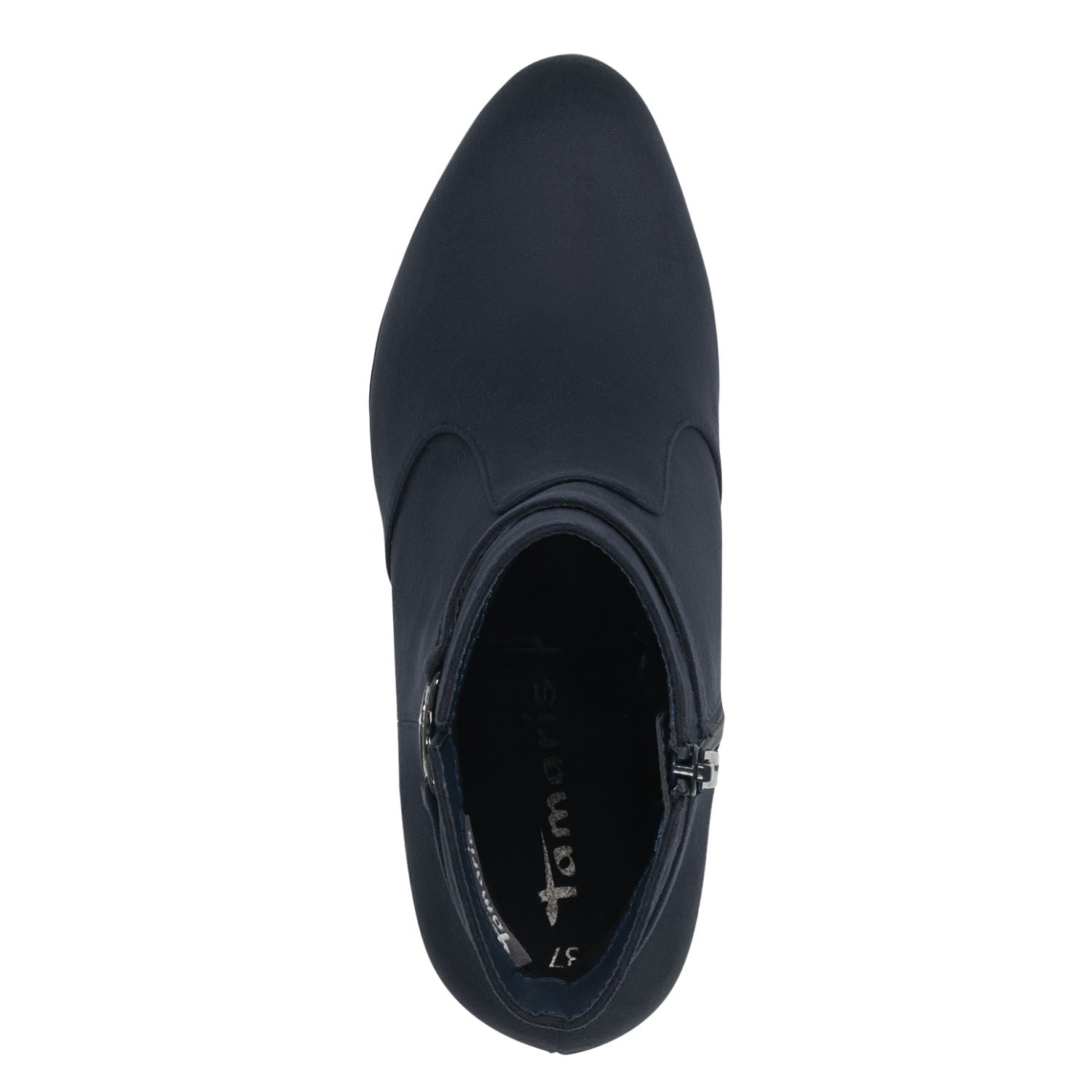 Top view showcasing the wrap-around strap and dark grey metal detail of the Tamaris Dressy Navy Thick Heel Boots.