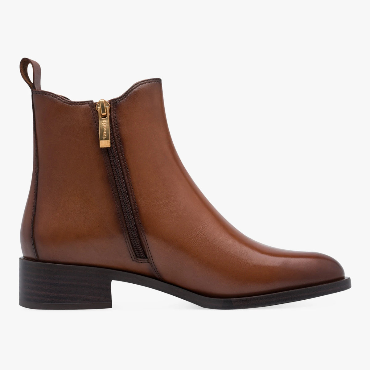 Tamaris Cognac Leather Low-Heel Chelsea Ankle Boots