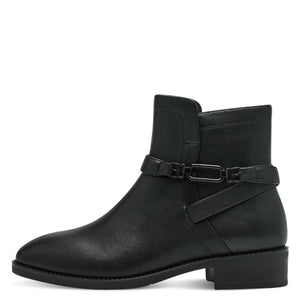 Front view of the Tamaris black ankle boot with wrapped strap.