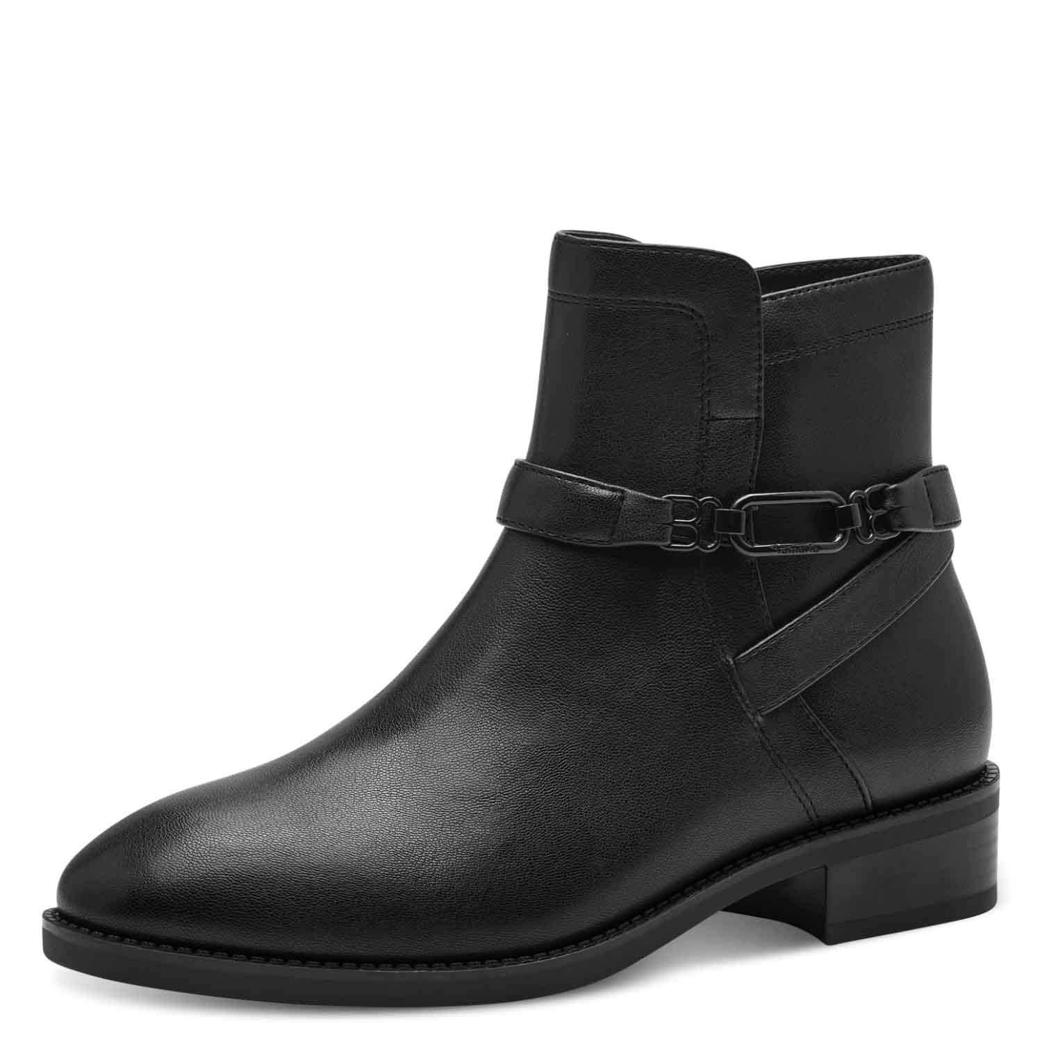 Angular view of the black ankle boot, displaying the wrapped strap detail.
