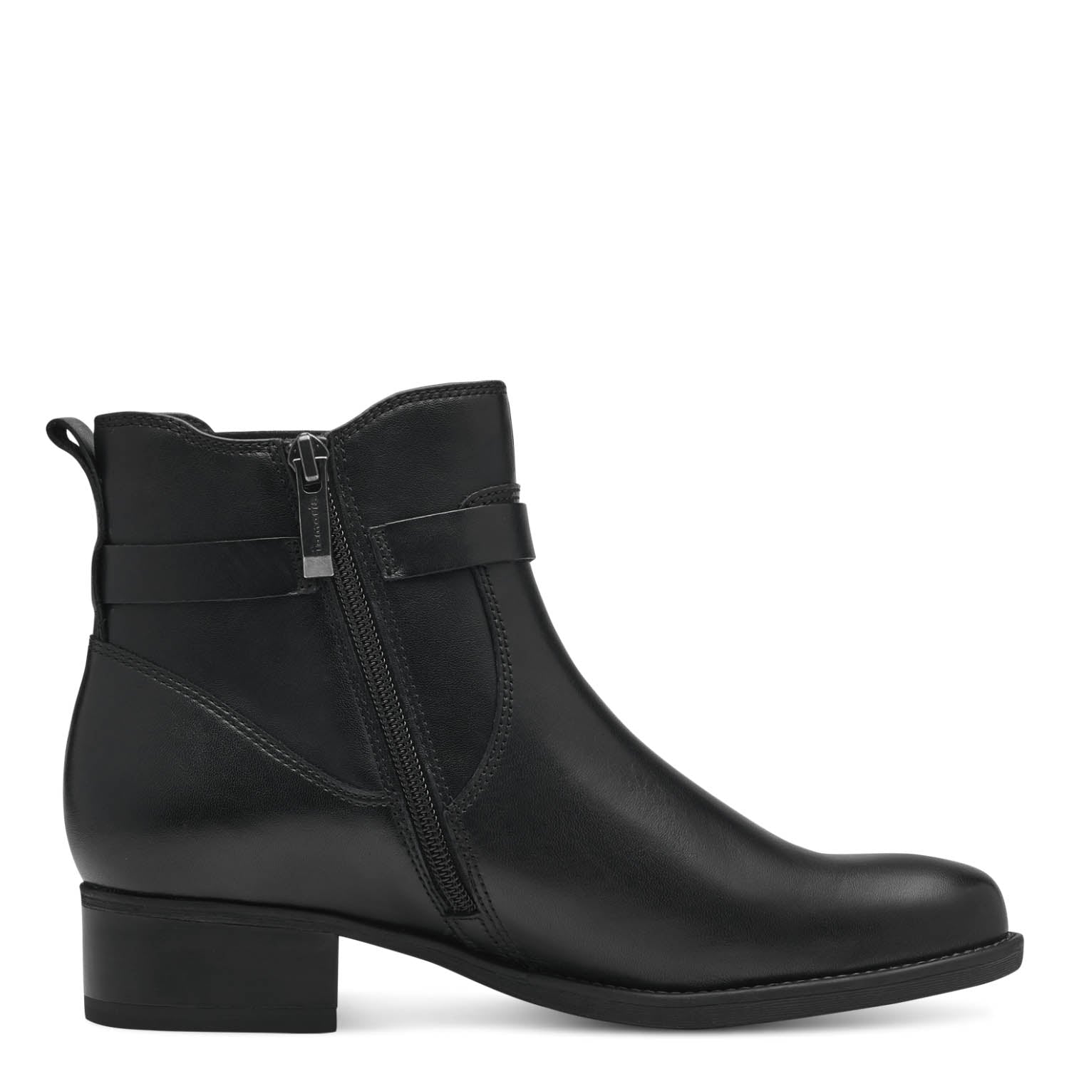 Side inner view of the Tamaris Black Leather Ankle Boot illustrating the interior zipper.