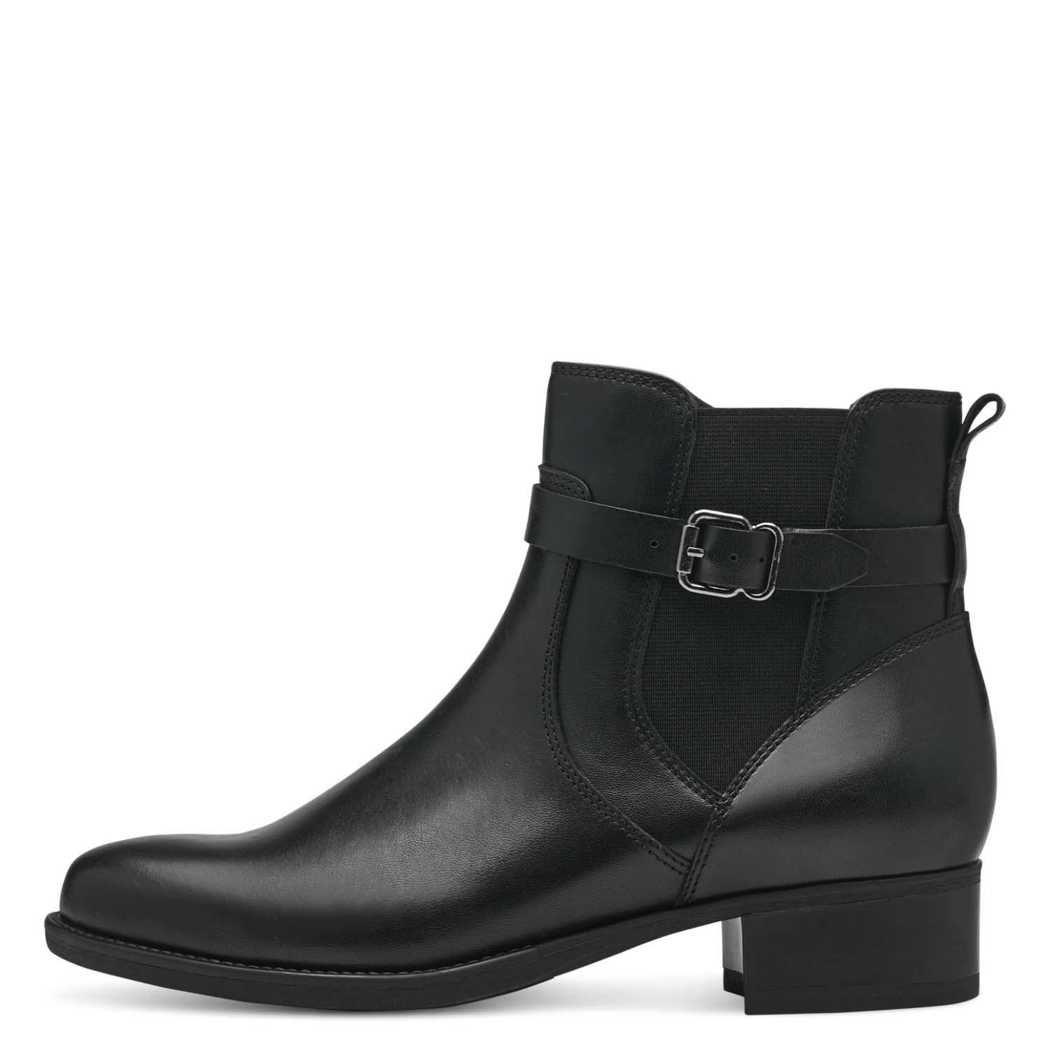 Front view of the Tamaris Black Leather Ankle Boot showcasing its elegant design and wrap-around strap.