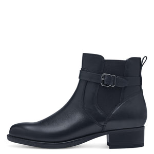 Front view of Tamaris navy leather ankle boot.