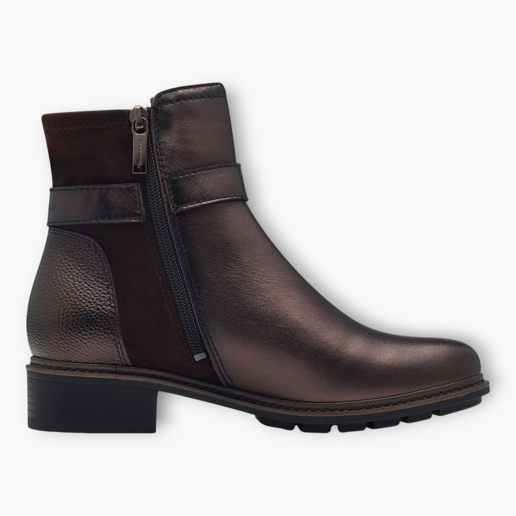 Tamaris Dark Brown Ankle Boots with Block Heel & Buckle Detail - Chunky Sole, Comfort Fit - Leavys Shoes