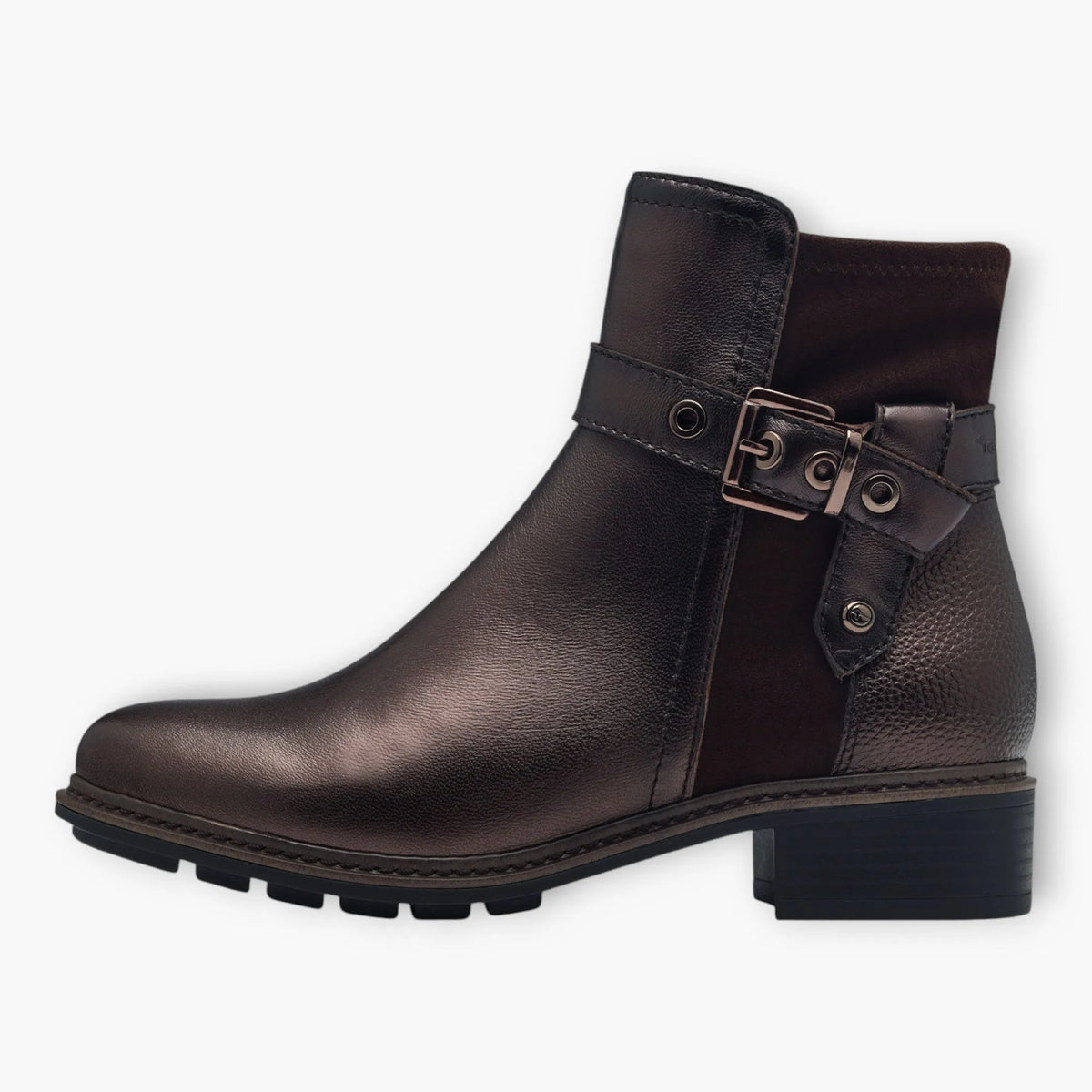 Tamaris Dark Brown Ankle Boots with Block Heel &amp; Buckle Detail - Chunky Sole, Comfort Fit - Leavys Shoes