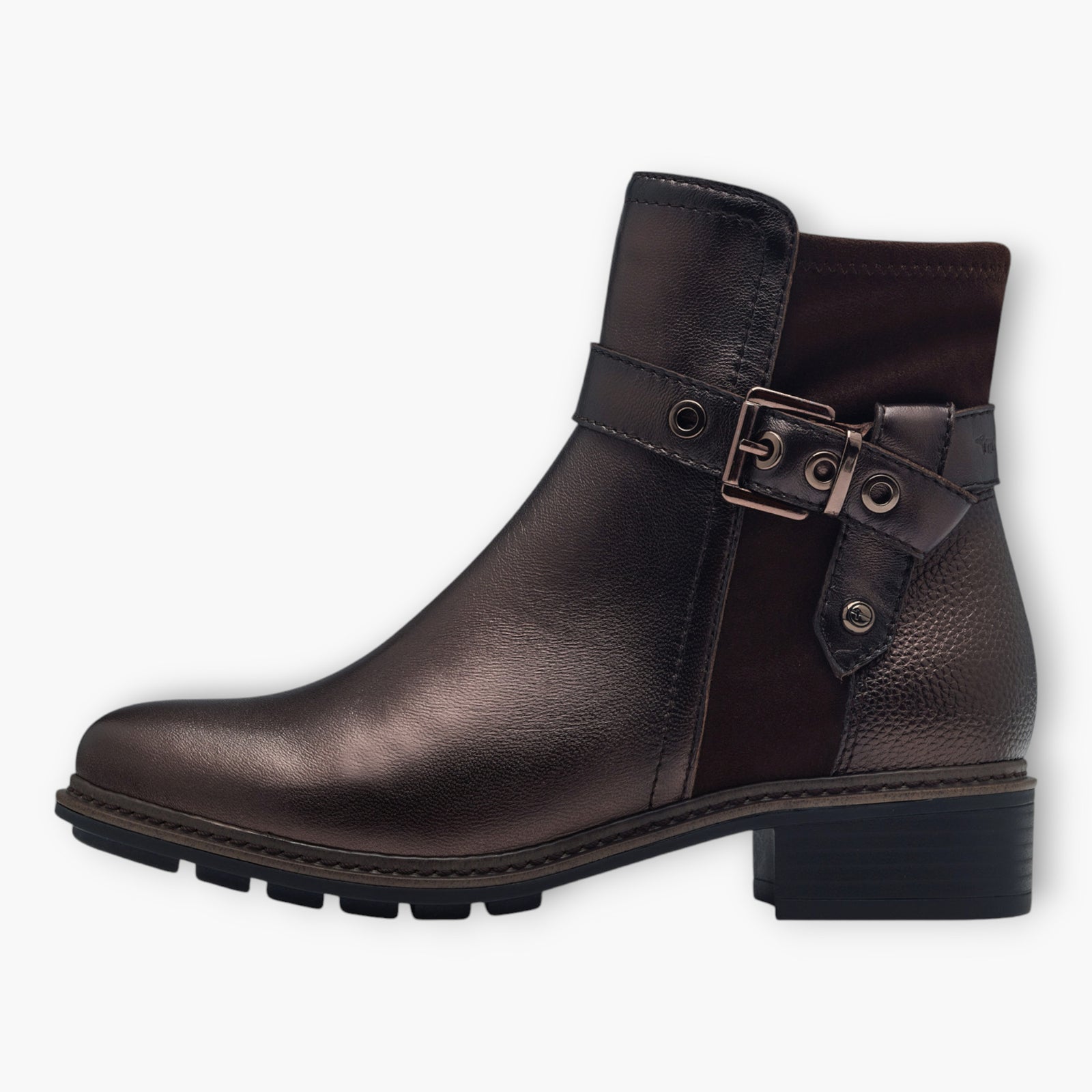 Tamaris Dark Brown Ankle Boots with Block Heel & Buckle Detail - Chunky Sole, Comfort Fit