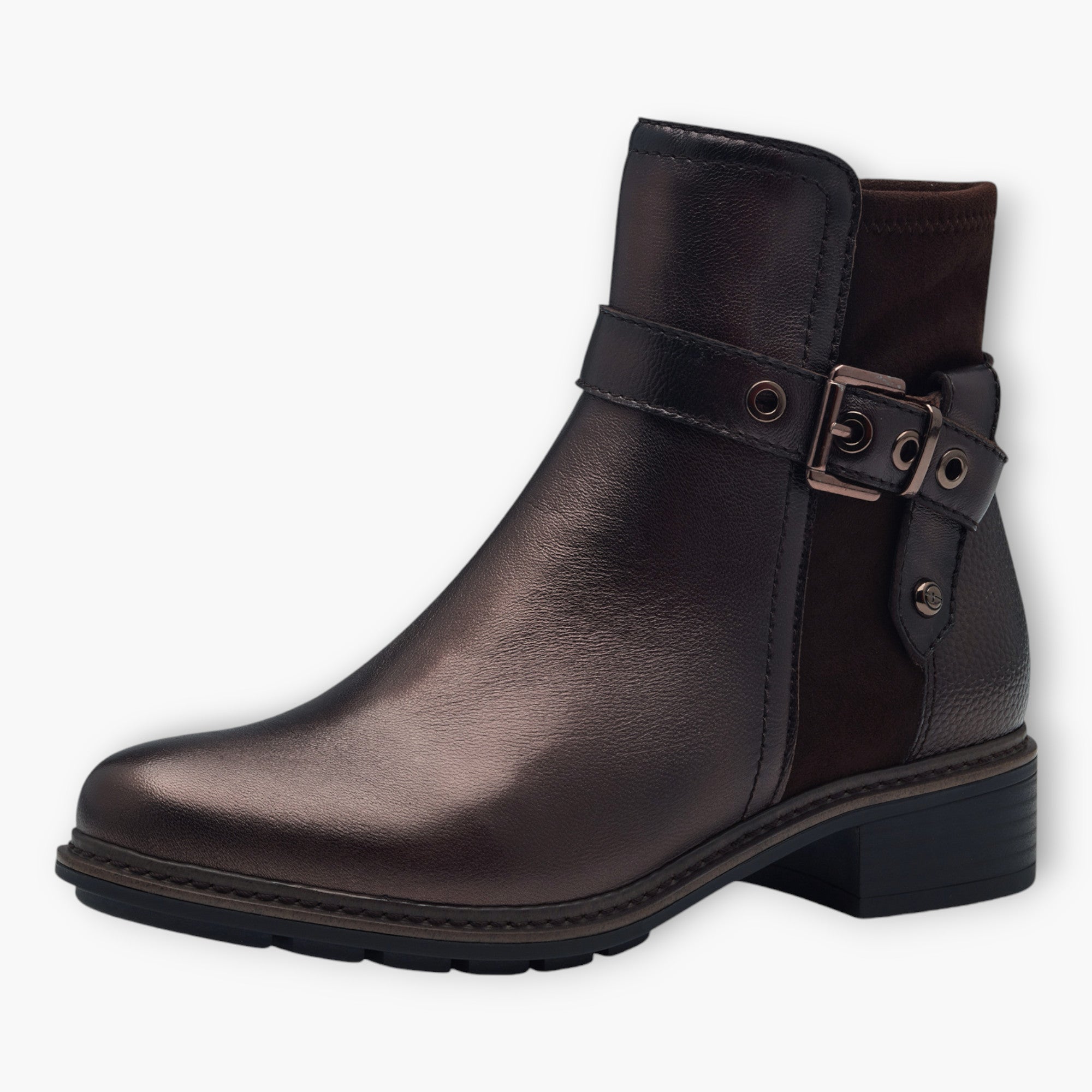 Tamaris Dark Brown Ankle Boots with Block Heel & Buckle Detail - Chunky Sole, Comfort Fit - Leavys Shoes