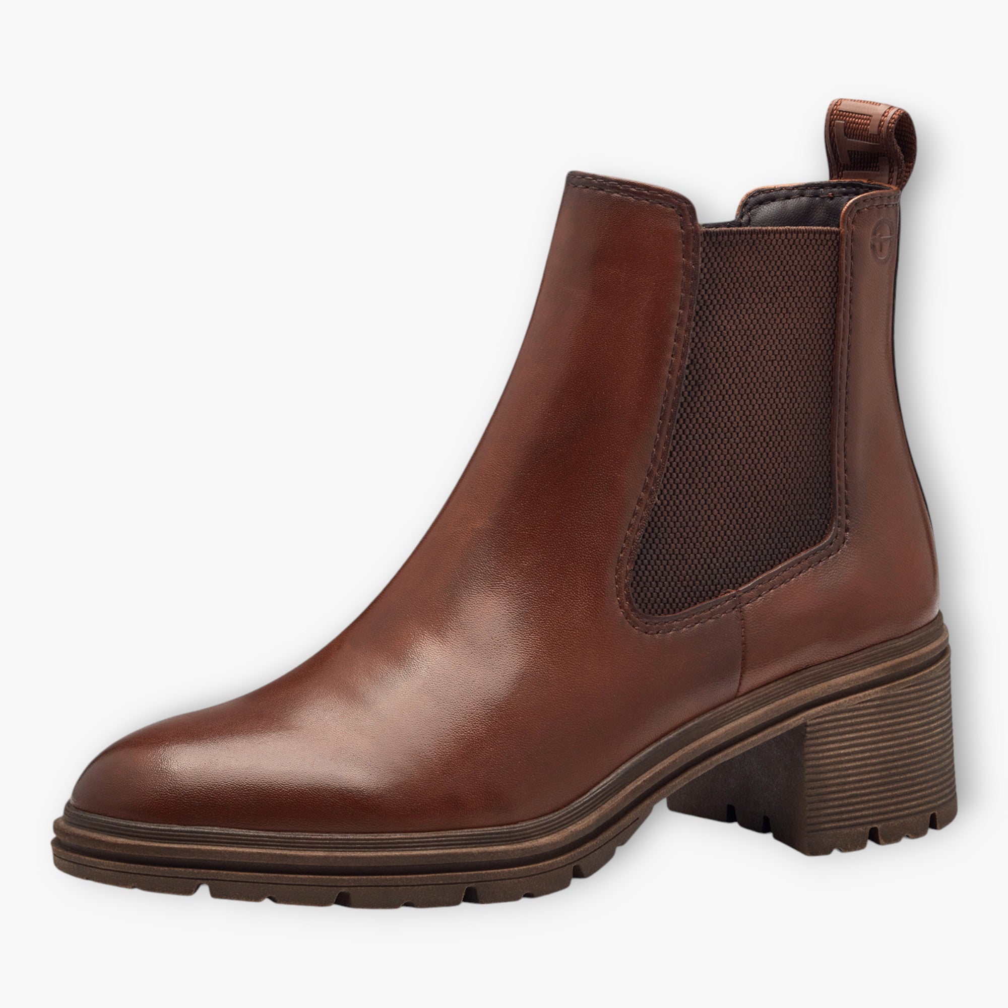 Tamaris Rich Brown Leather Ankle Boots with Soft Footbed and Block Heel