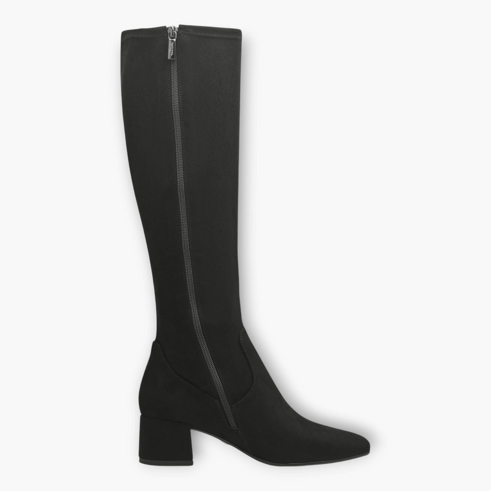 Tamaris Black Faux Suede Knee-High Boots with Block Heel & Stretch Fit