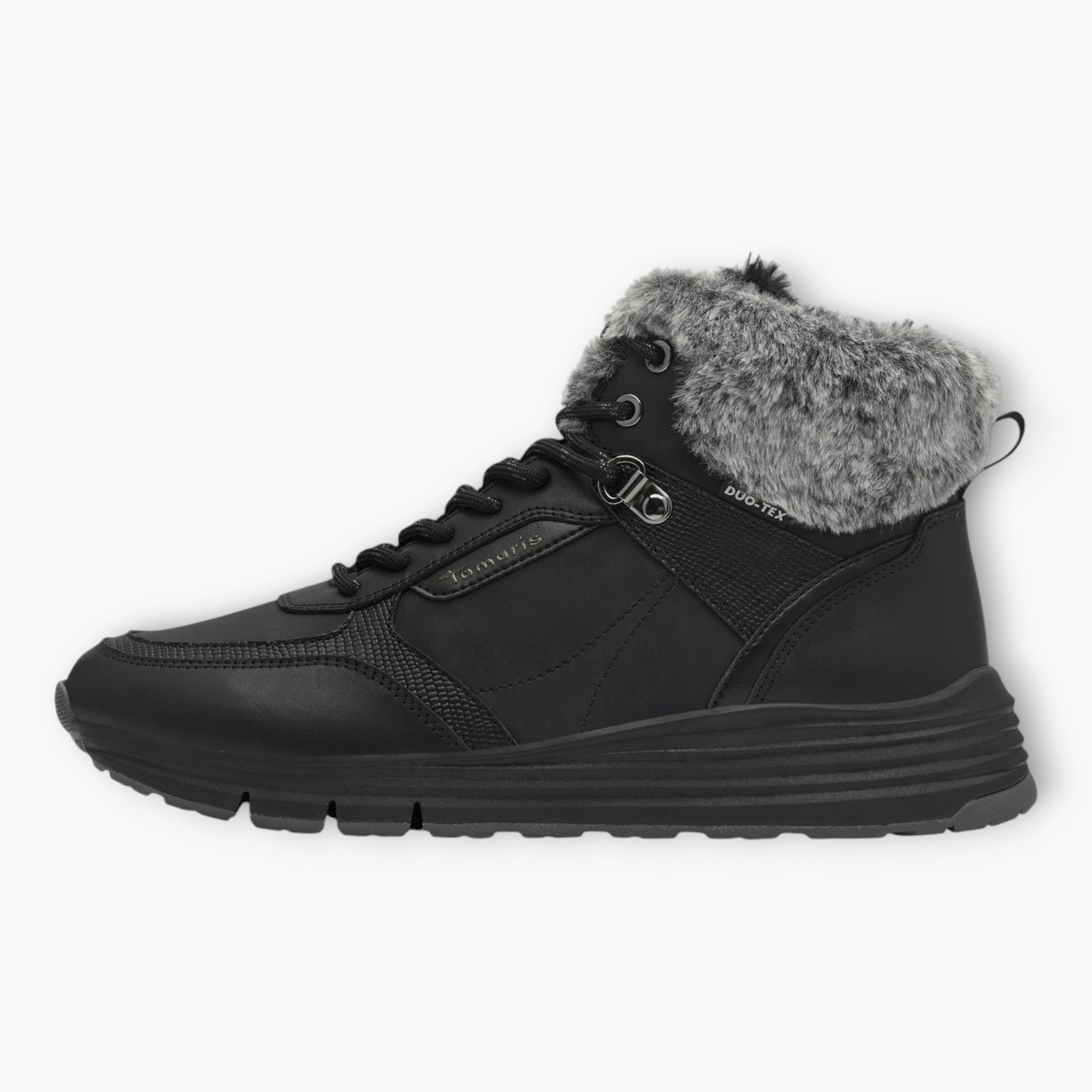 Tamaris Black Ankle Boots with Grey Fur Collar - Waterproof & Sporty Design - Leavys Shoes