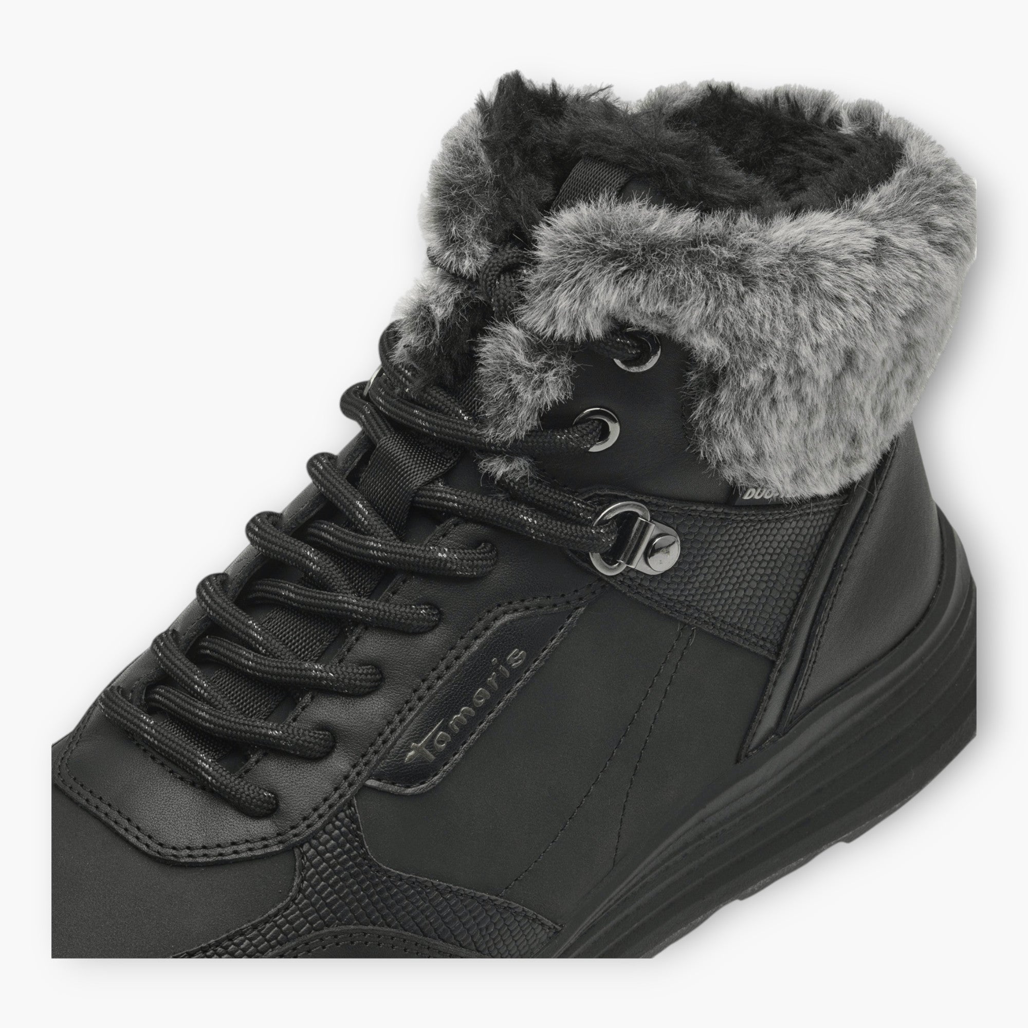 Tamaris Black Ankle Boots with Grey Fur Collar - Waterproof & Sporty Design - Leavys Shoes