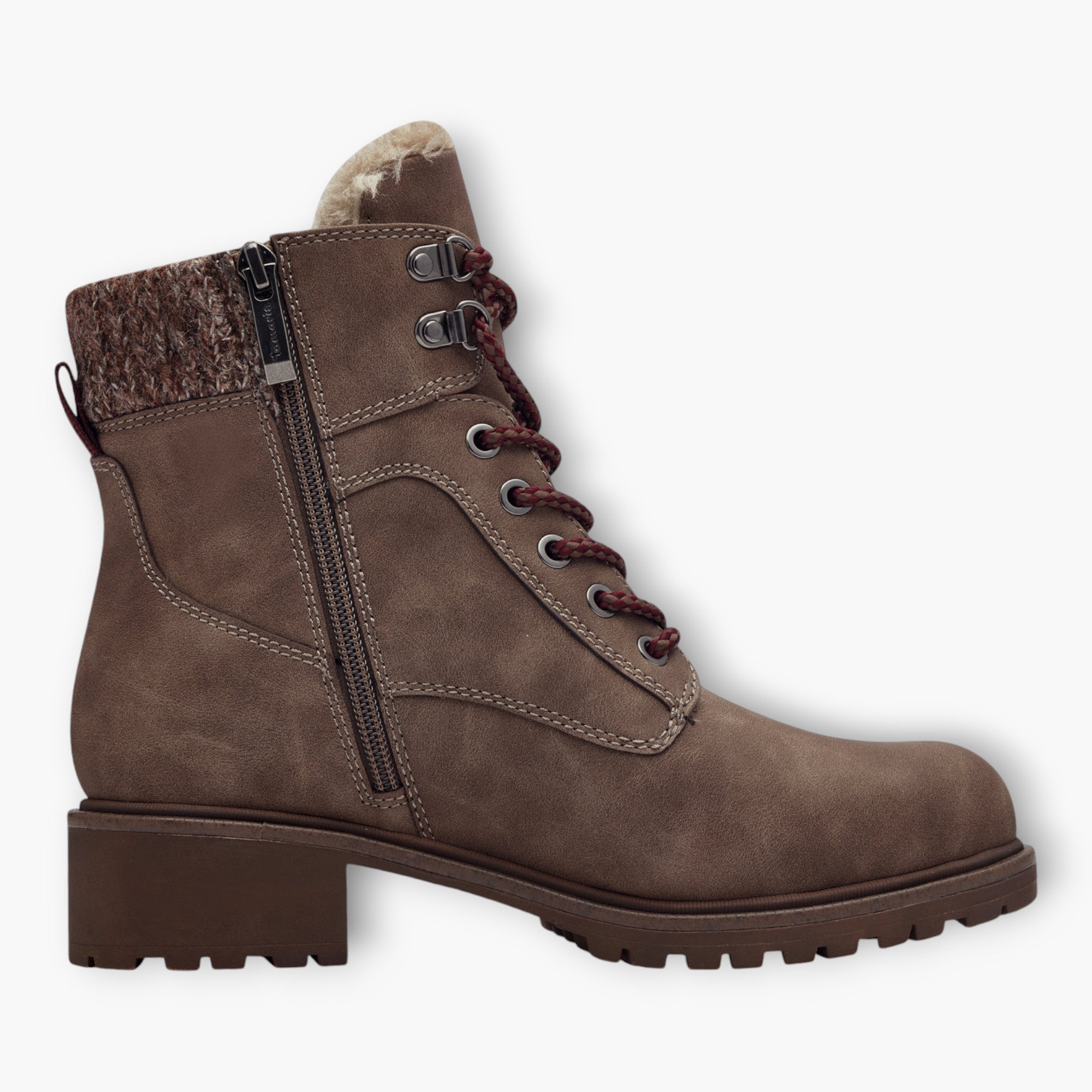 Tamaris Light Brown Boots with Rope-Style Laces & Chunky Sole - Fur-Lined Tongue, Side Zip, Comfort Focused