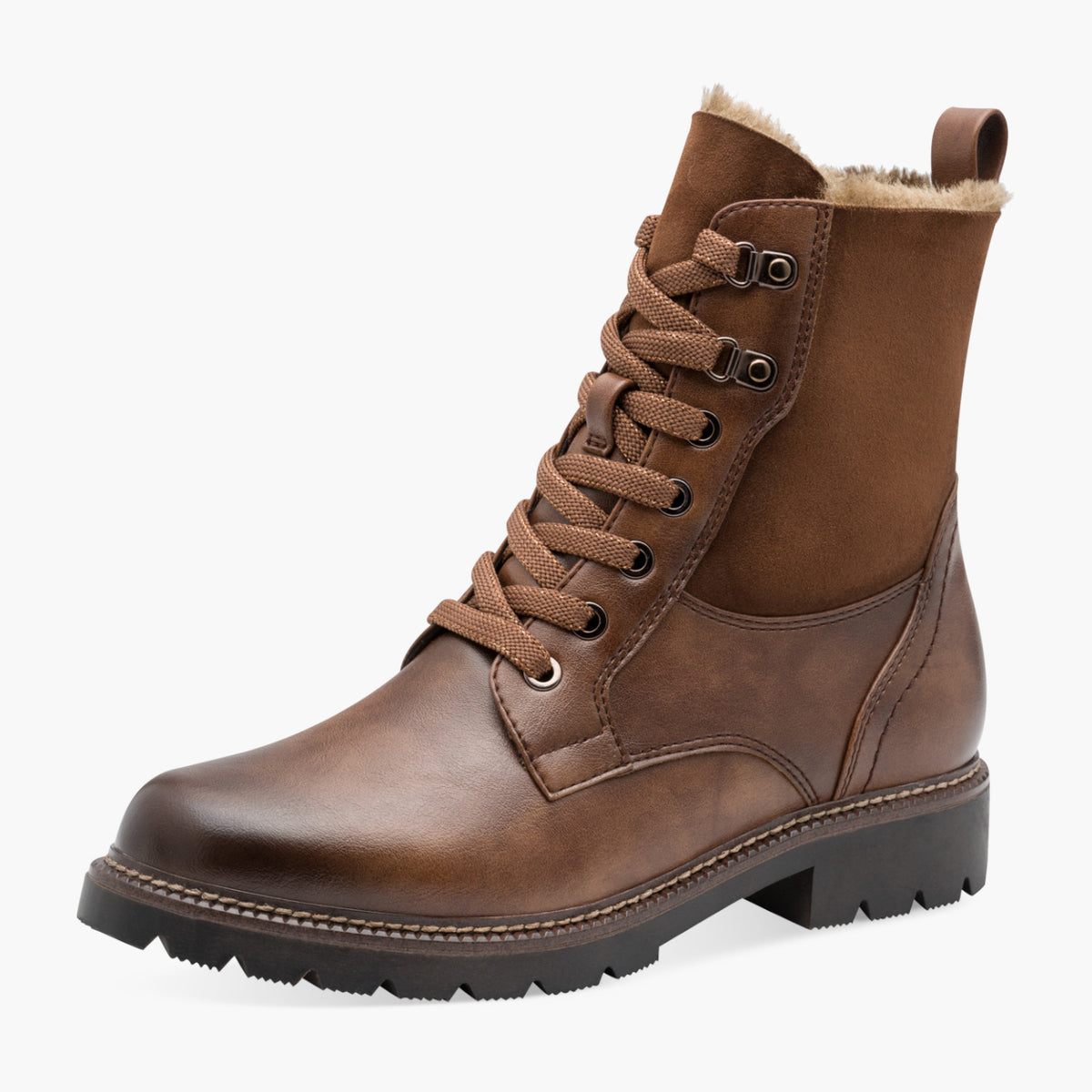Tamaris Brown Faux-Fur Lined Lace-Up Ankle Boots with Zip - Leavys Shoes