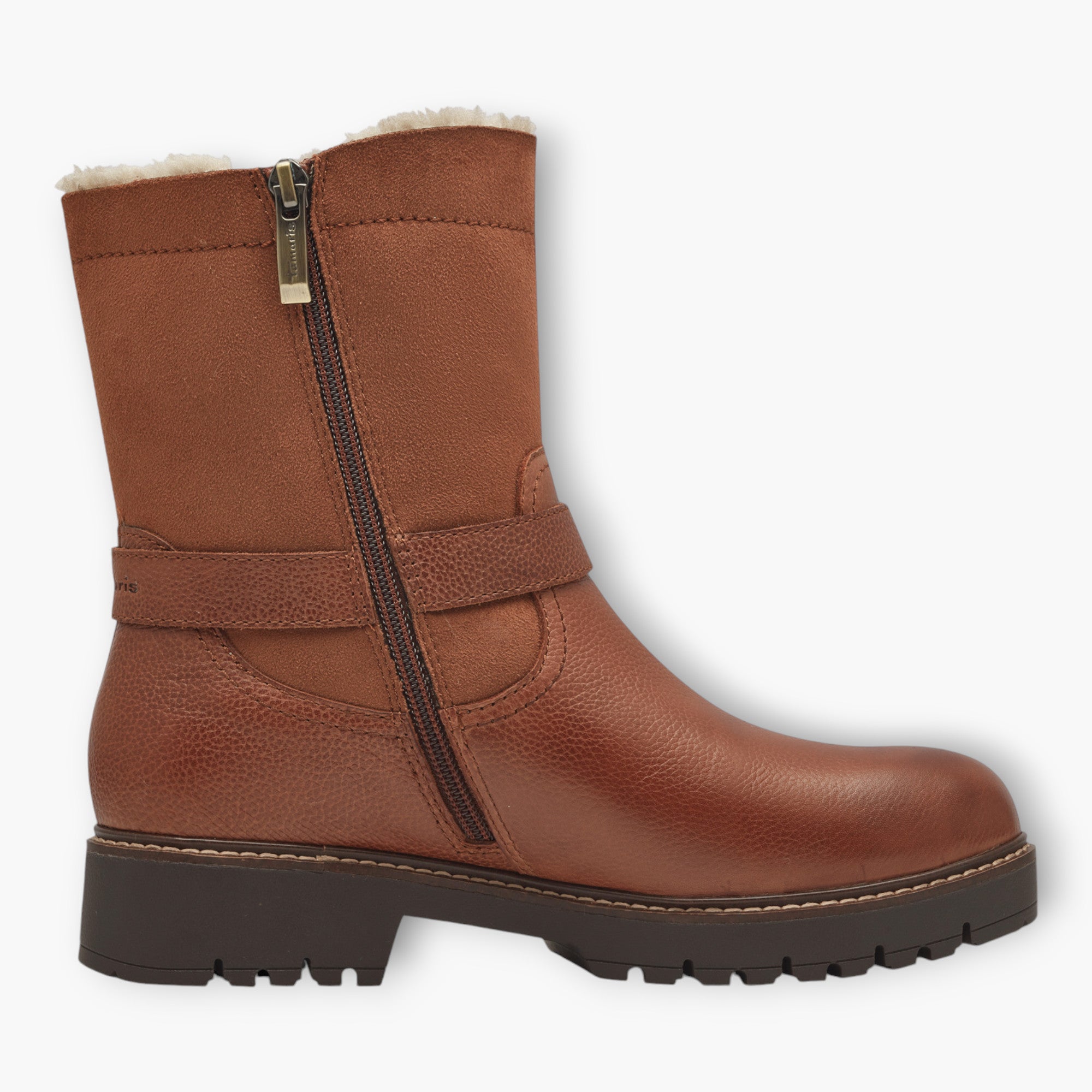 Tamaris Brown Boots with Double Buckle & Side Zip - Chunky Sole, Fur Lined, Comfort Fit - Leavys Shoes