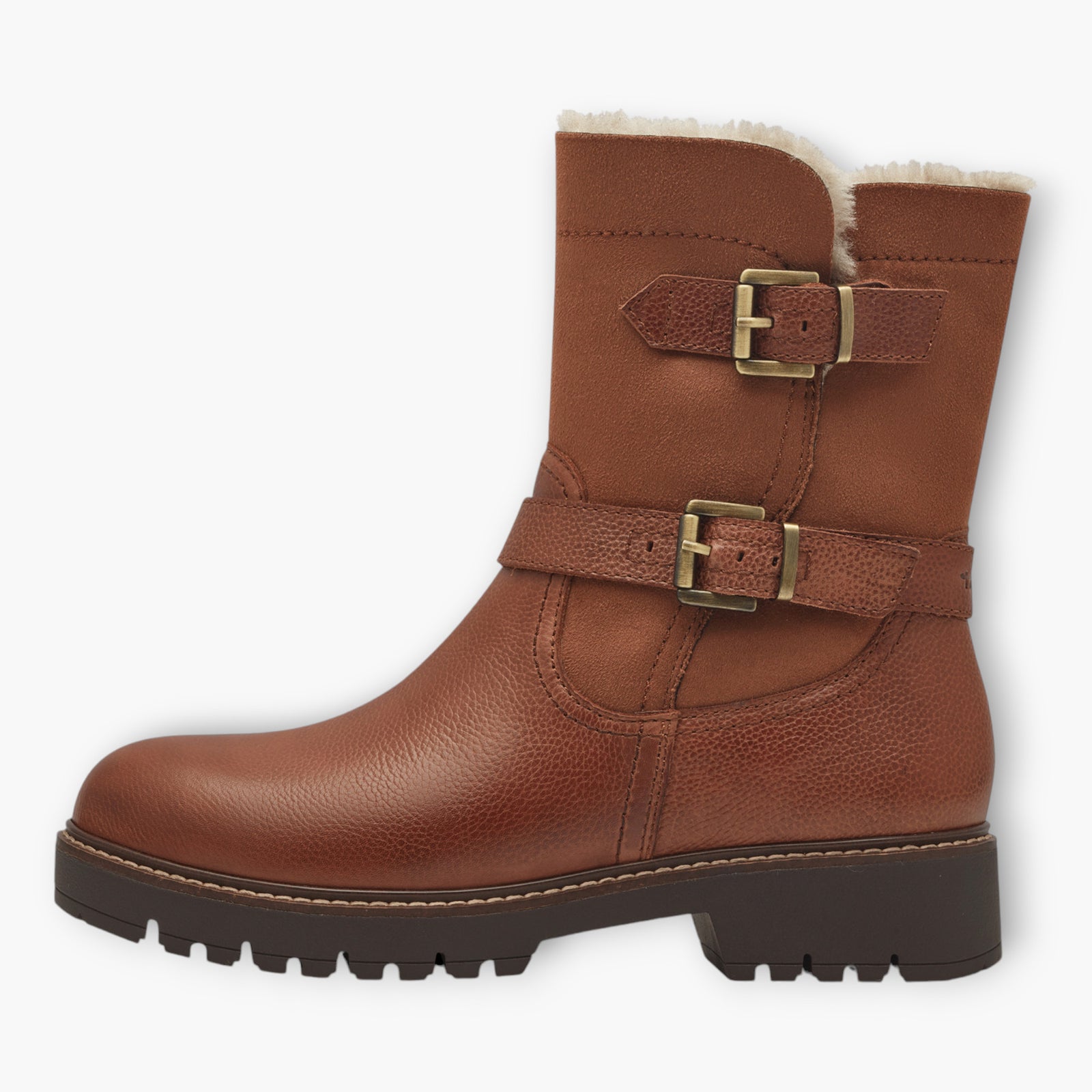 Tamaris Brown Boots with Double Buckle & Side Zip - Chunky Sole, Fur Lined, Comfort Fit - Leavys Shoes