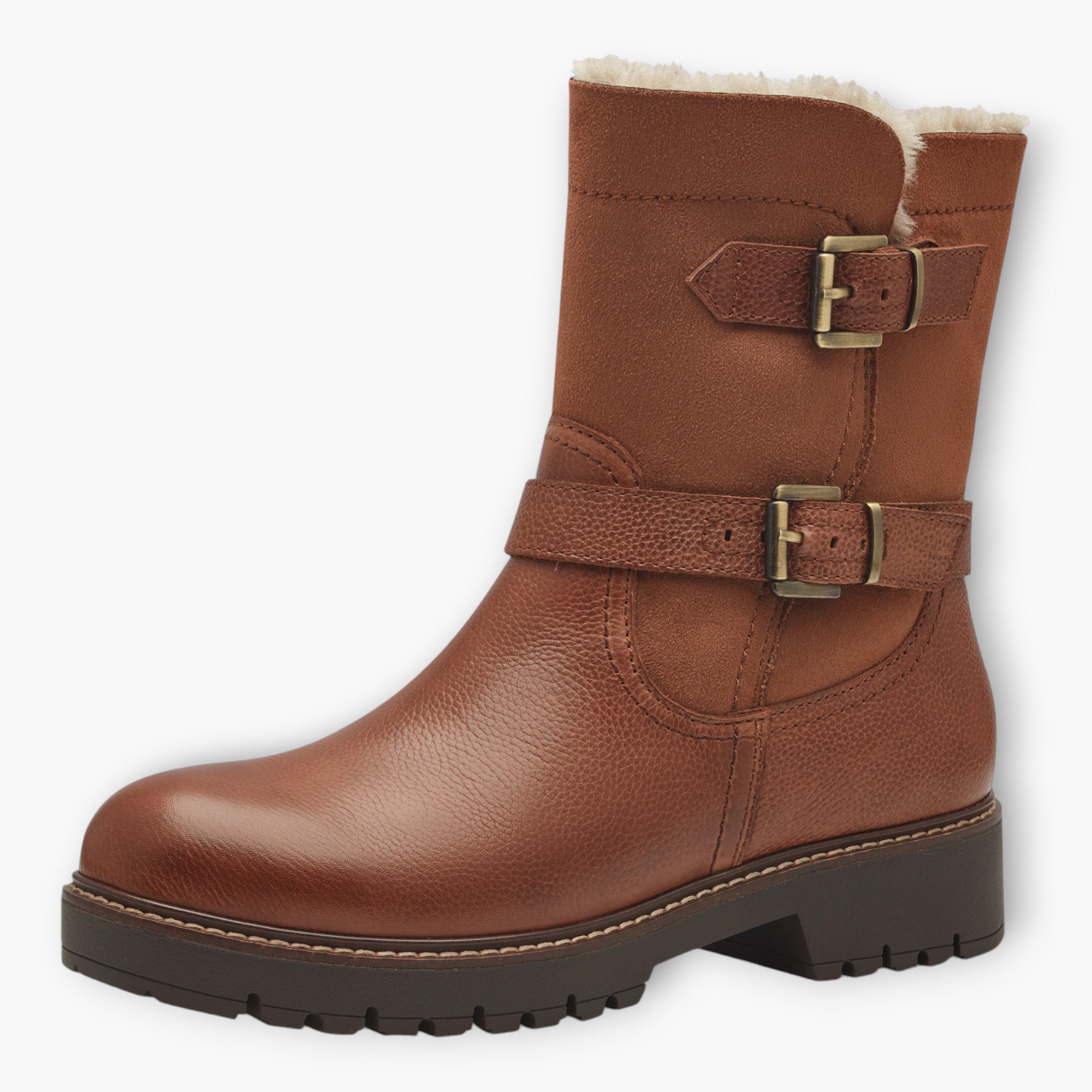 Tamaris Brown Boots with Double Buckle & Side Zip - Chunky Sole, Fur Lined, Comfort Fit - Leavys Shoes