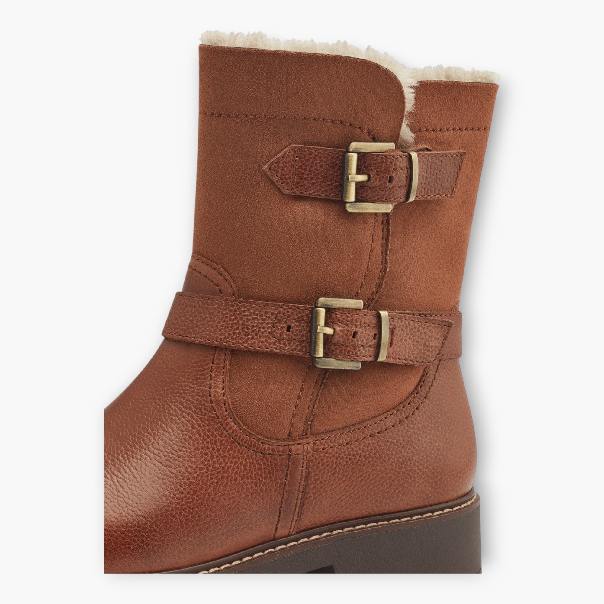 Tamaris Brown Boots with Double Buckle & Side Zip - Chunky Sole, Fur Lined, Comfort Fit - Leavys Shoes