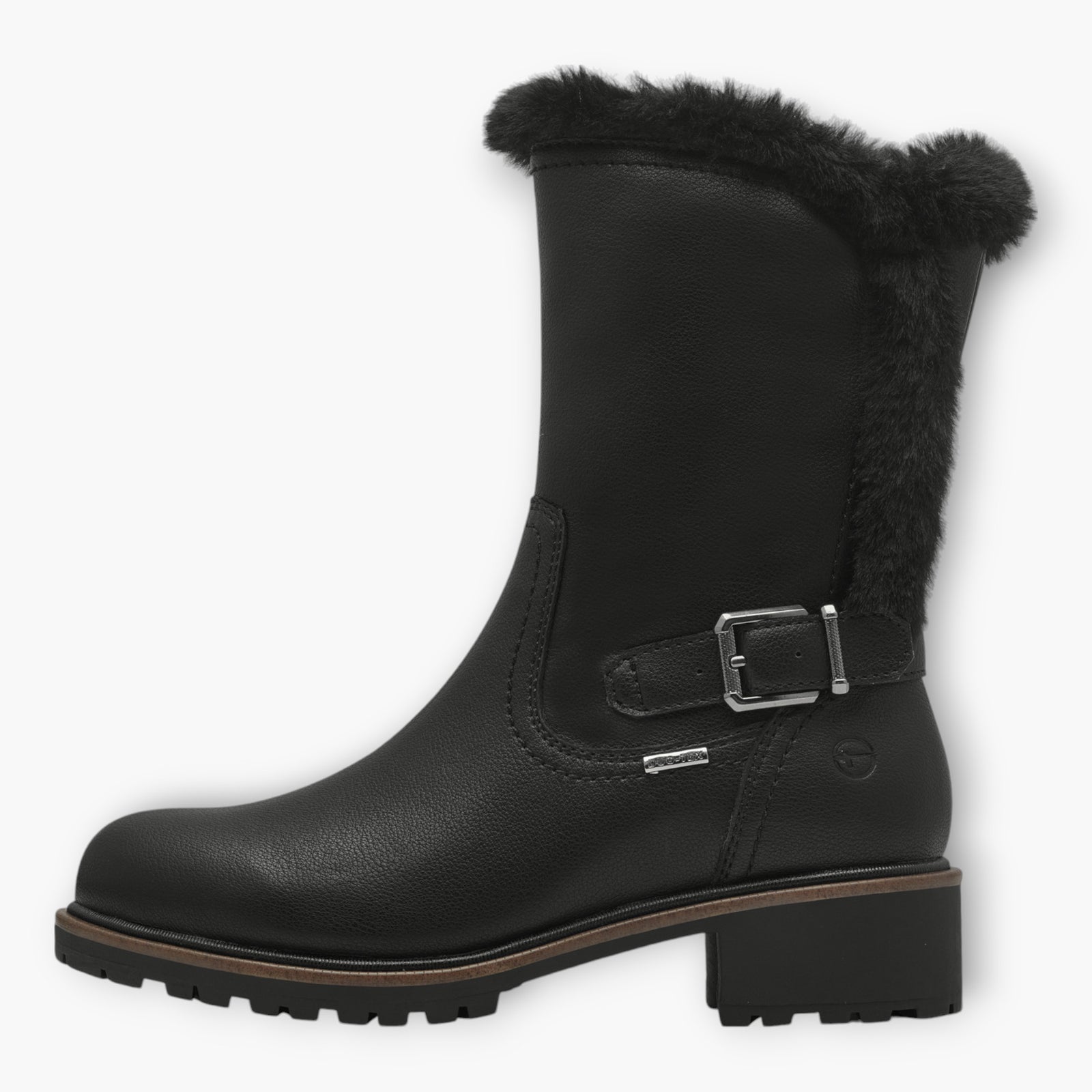 Tamaris Black Boots with Fur Trim & Buckle Detail - Block Heel, Side Zip, Comfort Fit