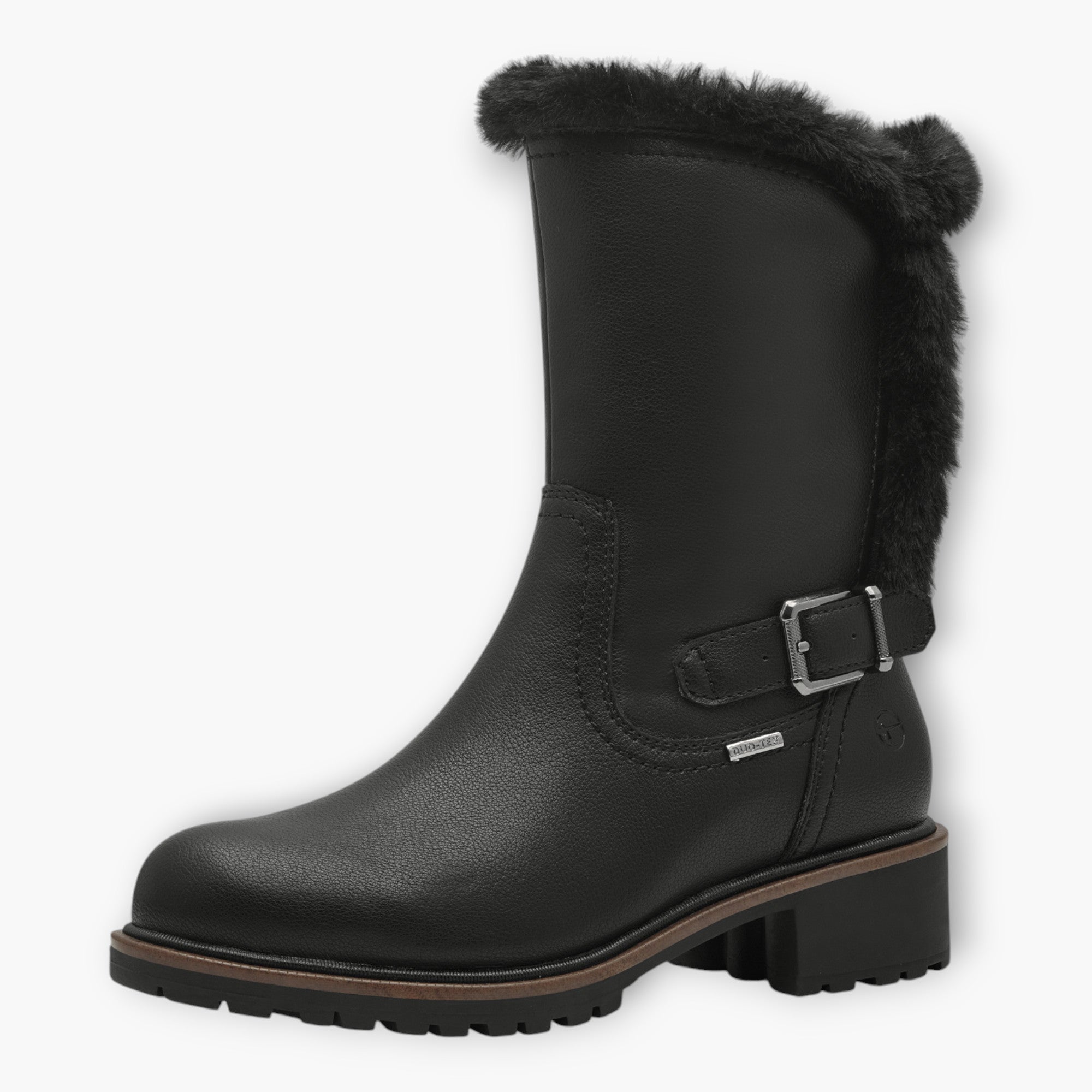 Tamaris Black Boots with Fur Trim & Buckle Detail - Block Heel, Side Zip, Comfort Fit - Leavys Shoes