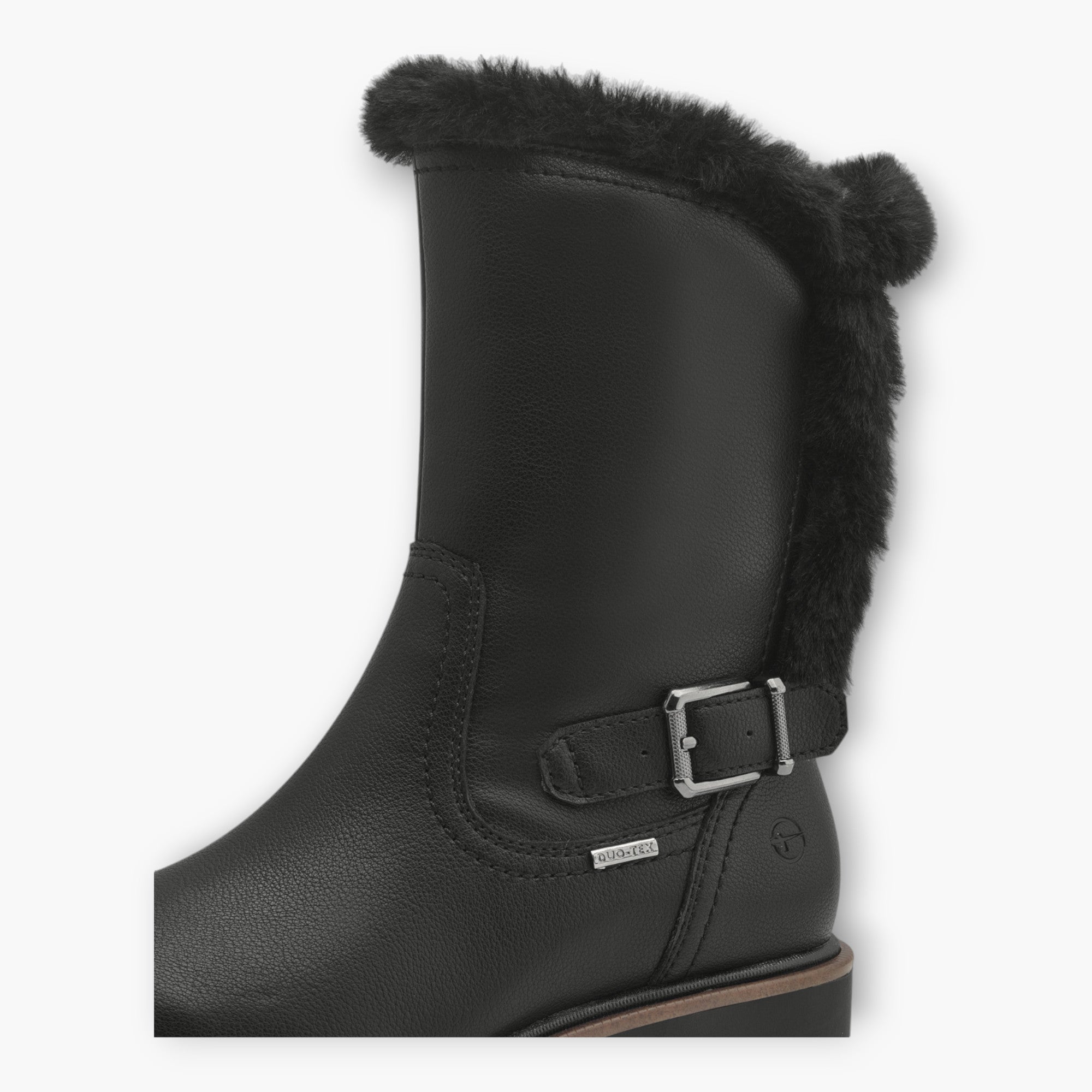 Tamaris Black Boots with Fur Trim & Buckle Detail - Block Heel, Side Zip, Comfort Fit - Leavys Shoes