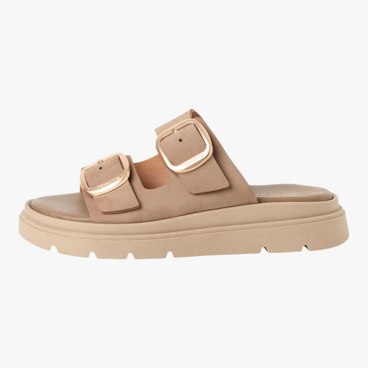 Tamaris Taupe Nubuck Buckle Slides