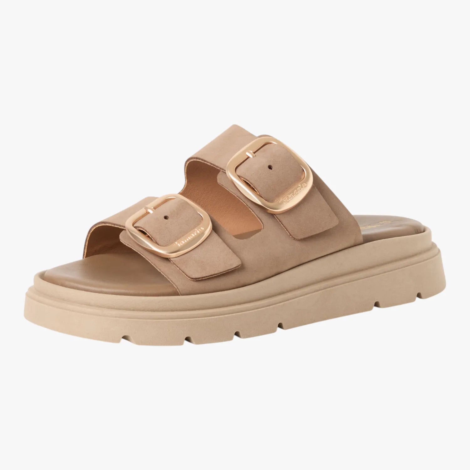 Tamaris Taupe Nubuck Buckle Slides