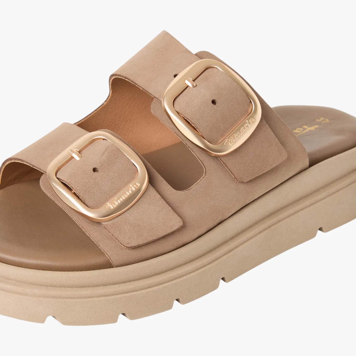 Tamaris Taupe Nubuck Buckle Slides