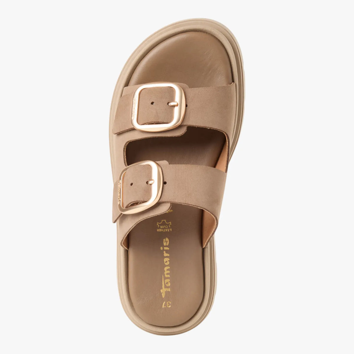 Tamaris Taupe Nubuck Buckle Slides