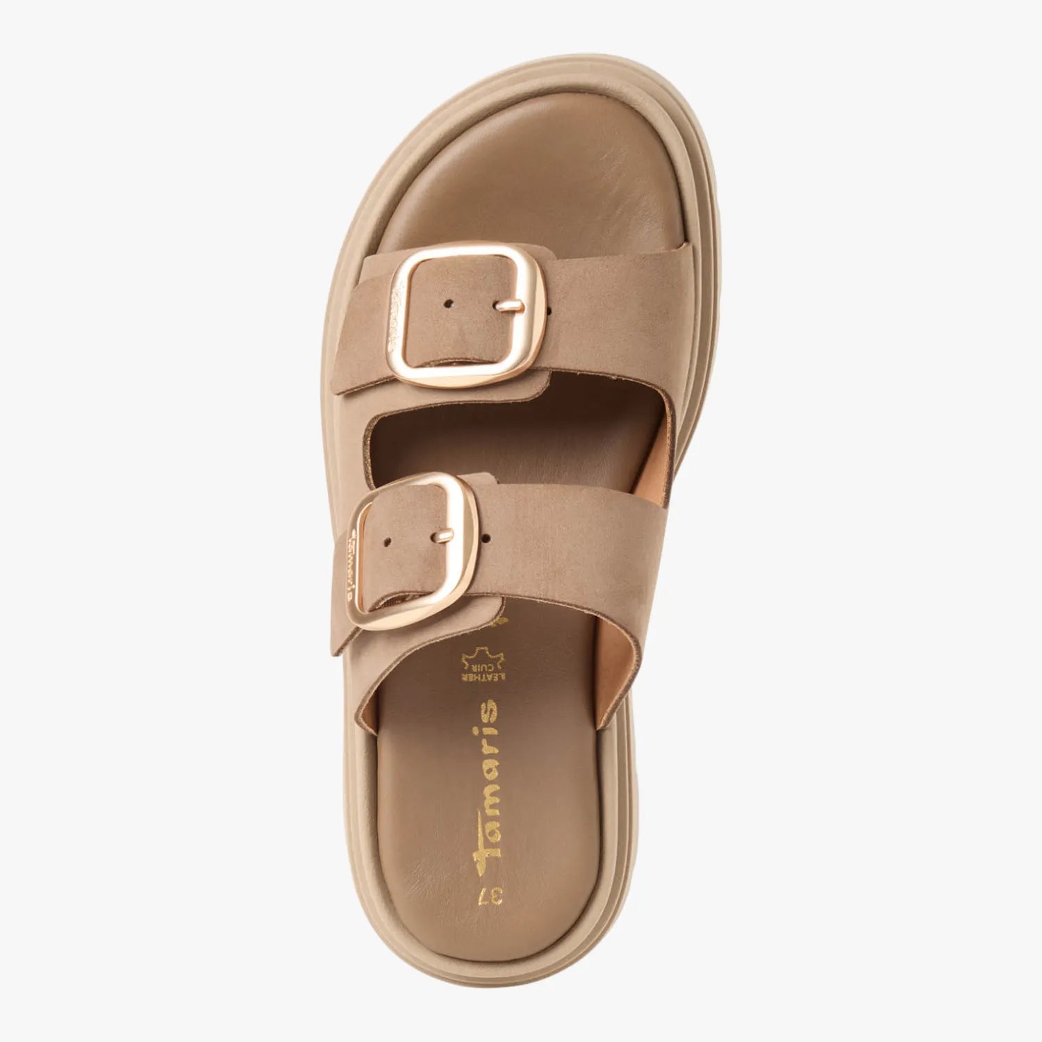 Tamaris Taupe Nubuck Buckle Slides