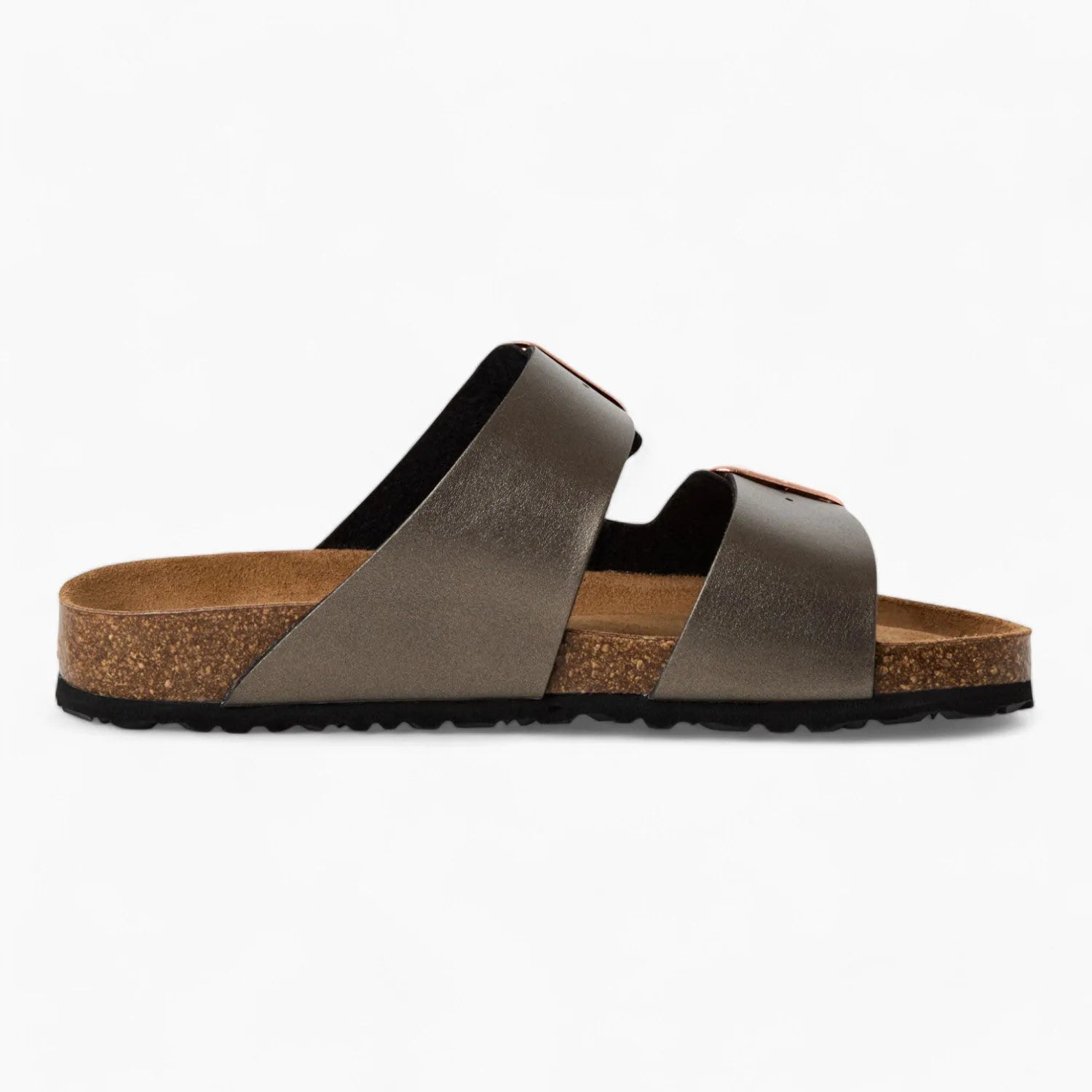 Tamaris Grey Double-Strap Sandal – Rose Gold Buckles & Cushioned Comfort - Leavys Shoes