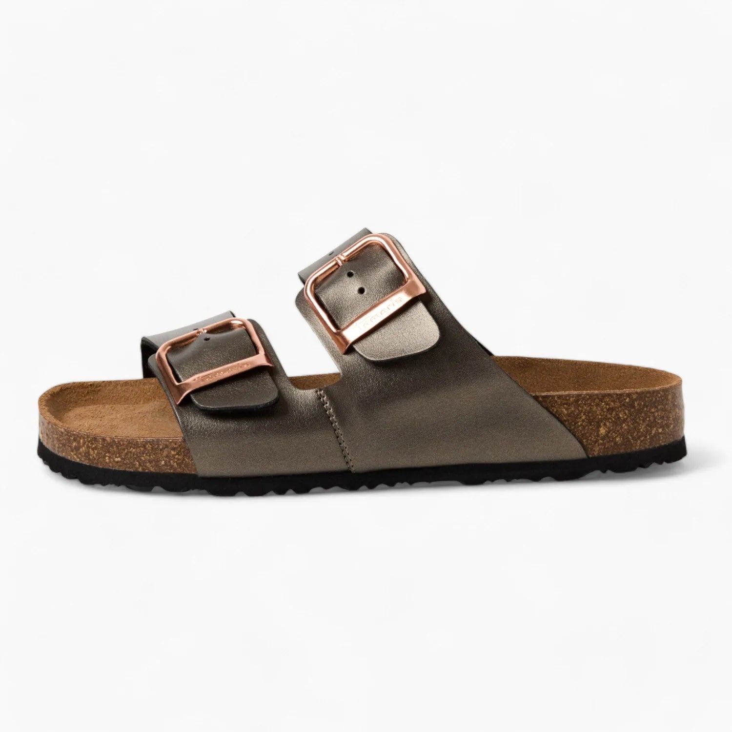 Tamaris Grey Double-Strap Sandal – Rose Gold Buckles & Cushioned Comfort - Leavys Shoes