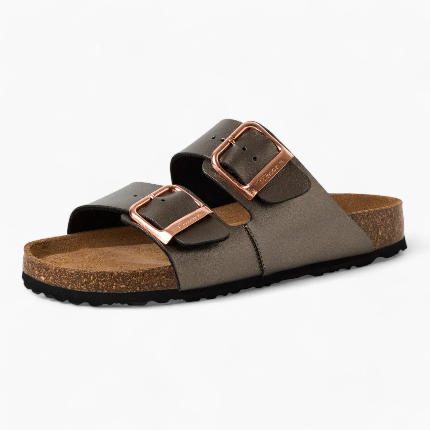 Tamaris Grey Double-Strap Sandal – Rose Gold Buckles & Cushioned Comfort - Leavys Shoes